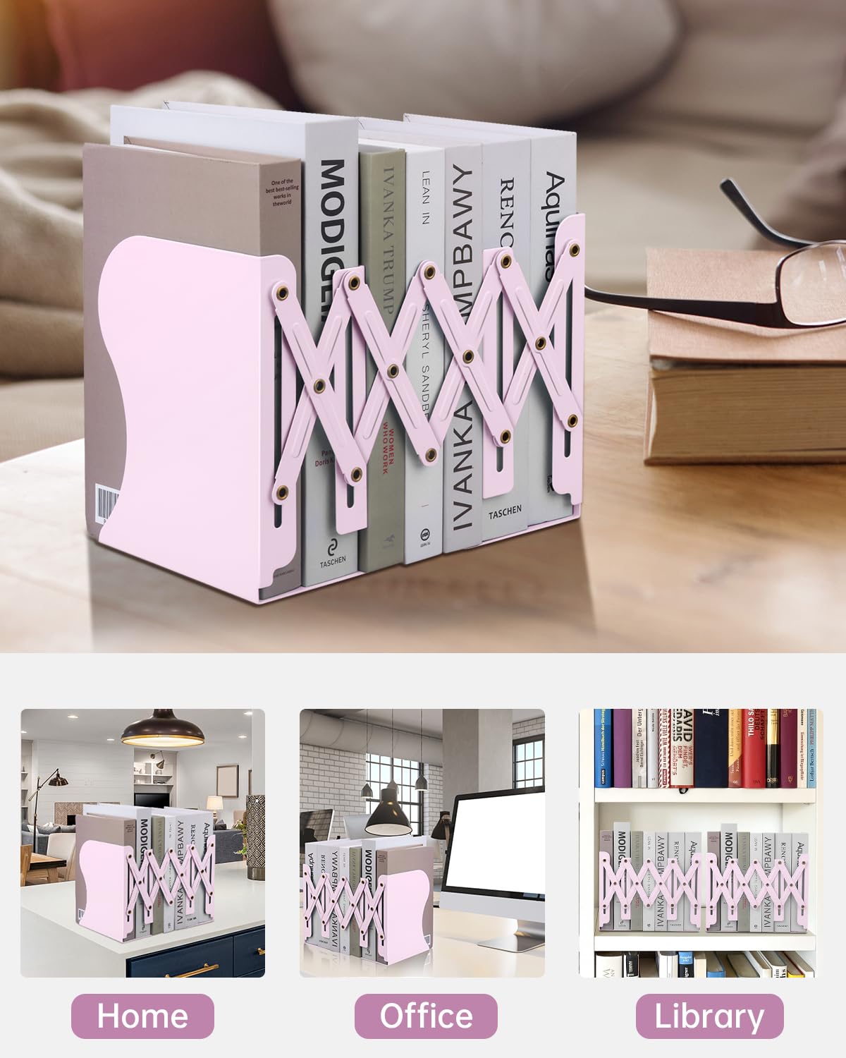 Honagu Metal Book Ends - Set Of 4 Pieces, Minimalist L-Shape, Pink, Anti-Slip Foam Base - View #9