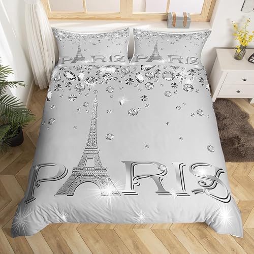 Miniatura 20 de Erosebridal Juego de ropa de cama de París con purpurina, funda de edredón de torre Eiffel para niñas, funda de edredón suave de diamantes