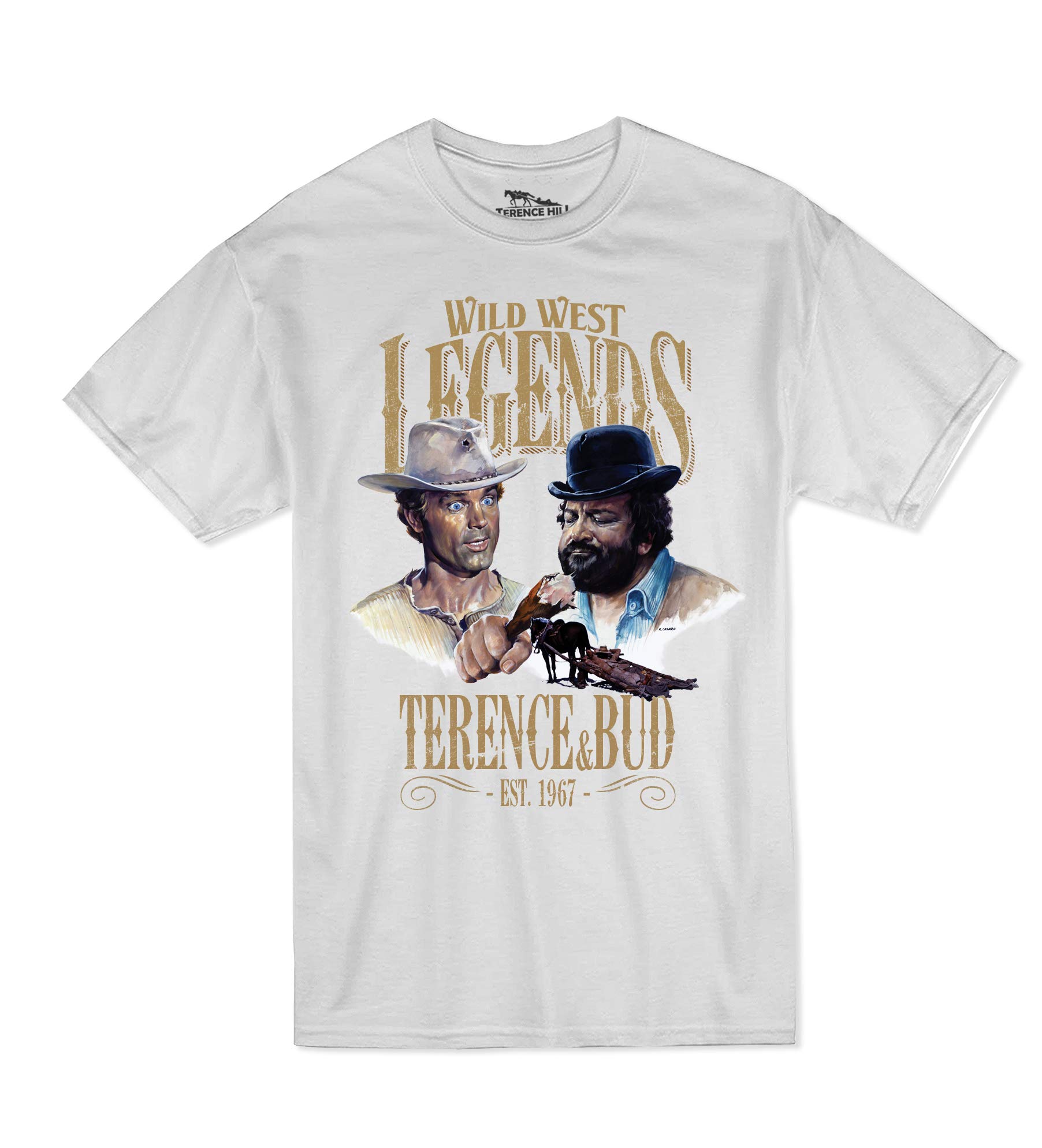 Terence Hill Men's White Bud Spencer T-Shirt - Wild West Legends - Bud & Terence (White) - Large