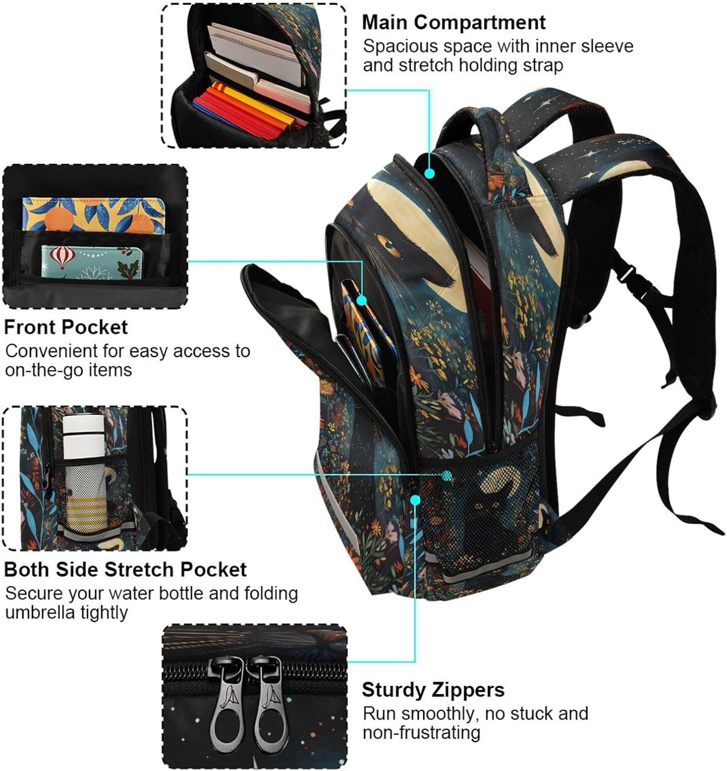 ALAZA Black Cat Moonnight Backpacks Travel Laptop Daypack School Book Bag for Men Women Teens Kids image 5