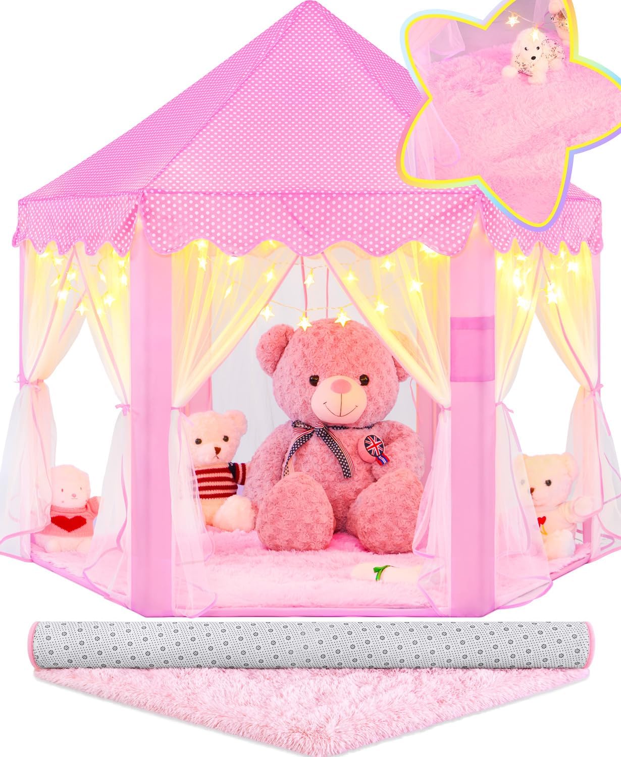EVOIONOS Princess Tent with Lights and Rug, Play Tent for Girls, Kids Tent Indoor and Mat, Princess Castle Playhouse Tent for Girls, Pink Girls Tent for Toddlers, 55 x 53 inch Toy Tent 02 Pink Tent and Star Lights and Rug