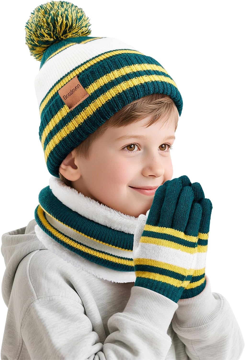 Kids Winter Hat Scarf Gloves: Boys Beanie Hats Gloves Set for Ages 6-10 Warm Thick Fleece Lined Winter Set Knit Cap Snow Ski