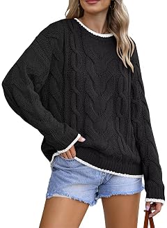 FEKOAFE Sweaters for Womens Crewneck Long Sleeve Cable Knit Sweater Tops Color Block Pullover Comfy Fall Clothes