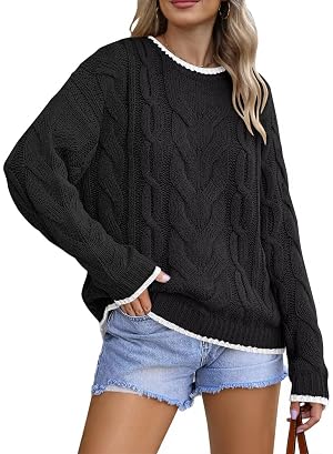 FEKOAFE Sweaters for Womens Crewneck Long Sleeve Cable Knit Sweater Tops Color Block Pullover Comfy Fall Clothes