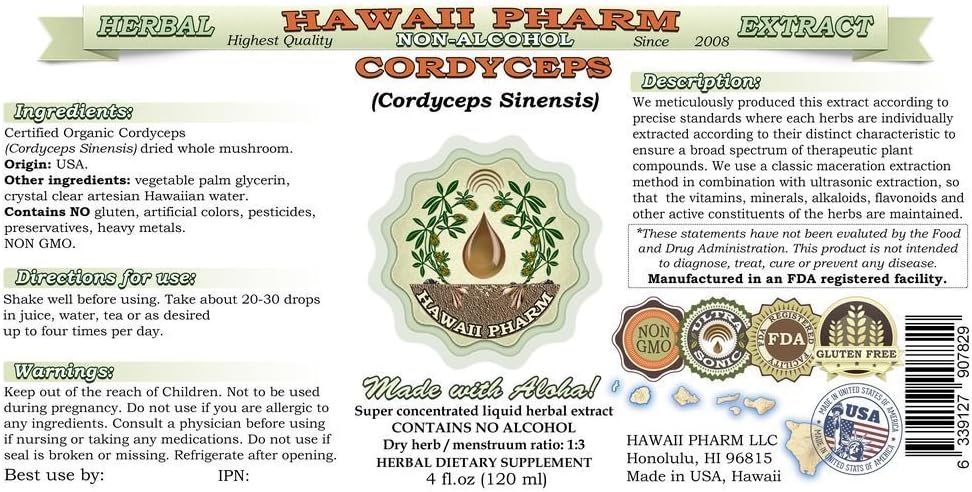 Hawaii Pharm Cordyceps Alcohol-Free Liquid Extract, Cordyceps (Cordyceps Sinensis) Mushroom Glycerite Natural Herbal Supplement 4x4 oz