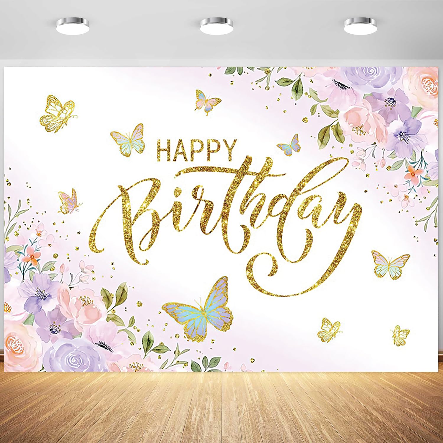 7x5ft Butterfly Happy Birthday Backdrop Purple Pink Flower Gold Butterfly Photography Background Girls Princess Birthday Party Banner Decorations