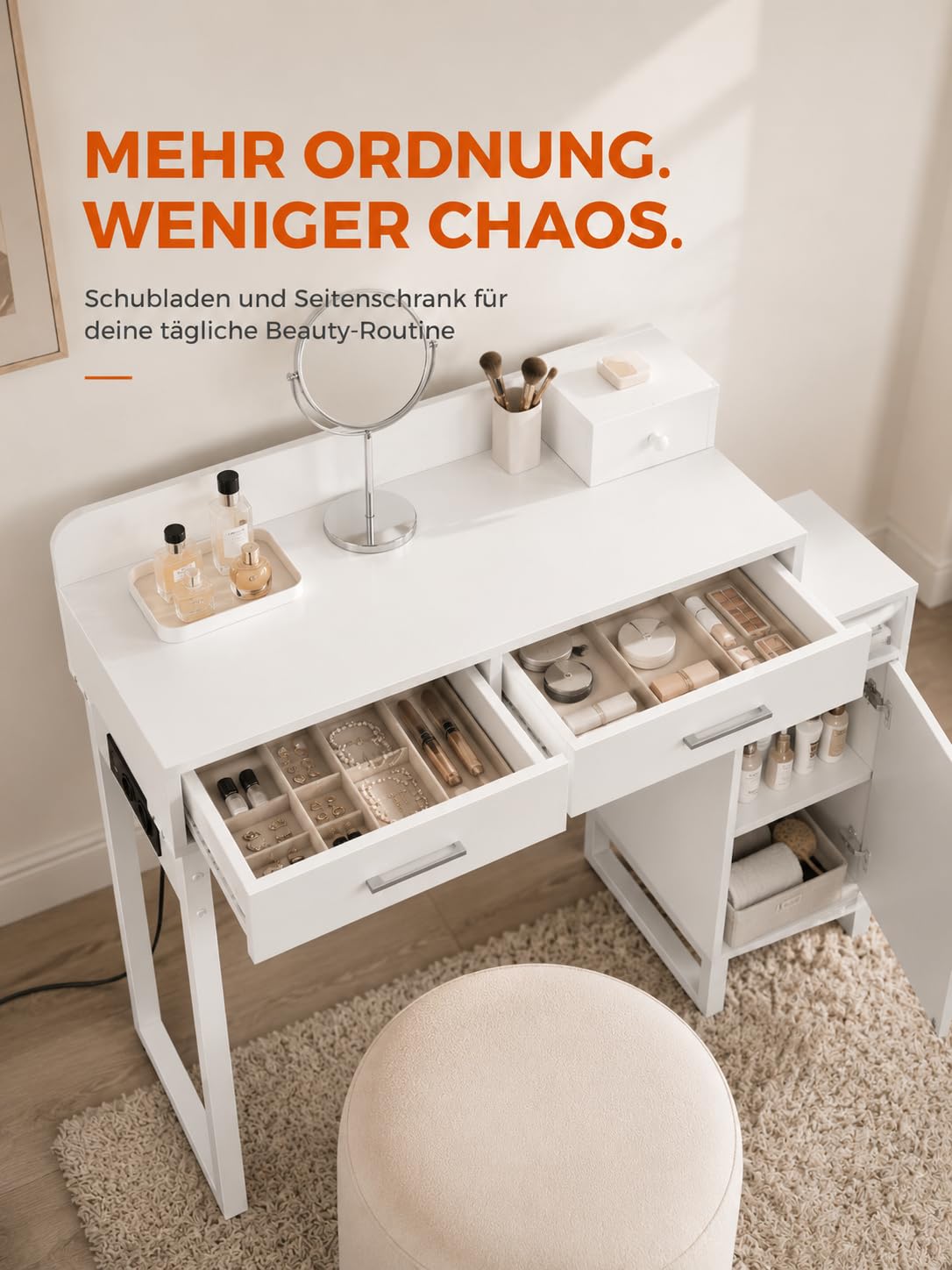 iSunirm Schminktisch ohne Spiegel, Kleiner Kosmetiktisch Weiß mit Steckdosen & 2 USB-Ports, Frisiertisch mit 4 Schubladen und reversiblem Seitenschrank, Vanity Desk/Schreibtisch für Schlafzimmer