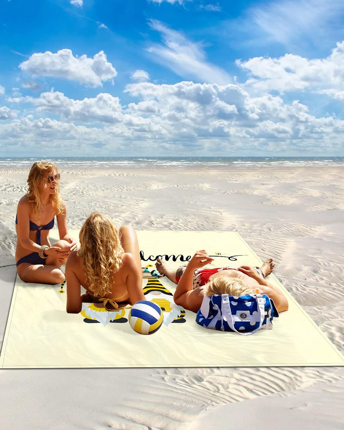 Summer Cute Gnomes Beach Blanket Waterproof Sandproof Outdoor Picnic Mat 95"x80" Farm Bee with Flowers Lightweight Large Beaach Blankets with 4 Stake & 4 Corner Pockets