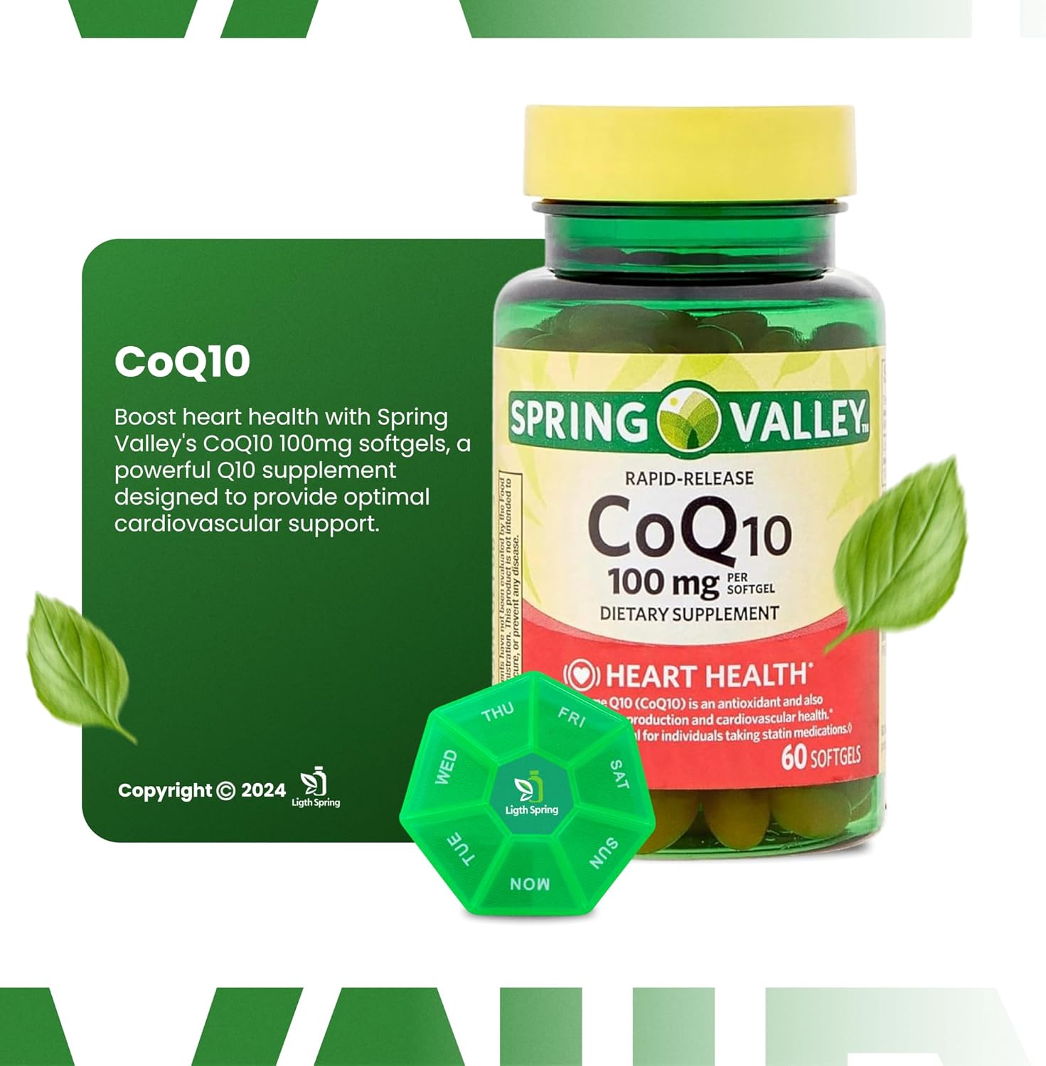 Rapid-Release CoQ10 100 mg, 60 Softgels with Bundle Exclusive Vitamins & Minerals - A to Z - Better Ligth&Spring Guide + Weekly Pill Organizer (3 Items)