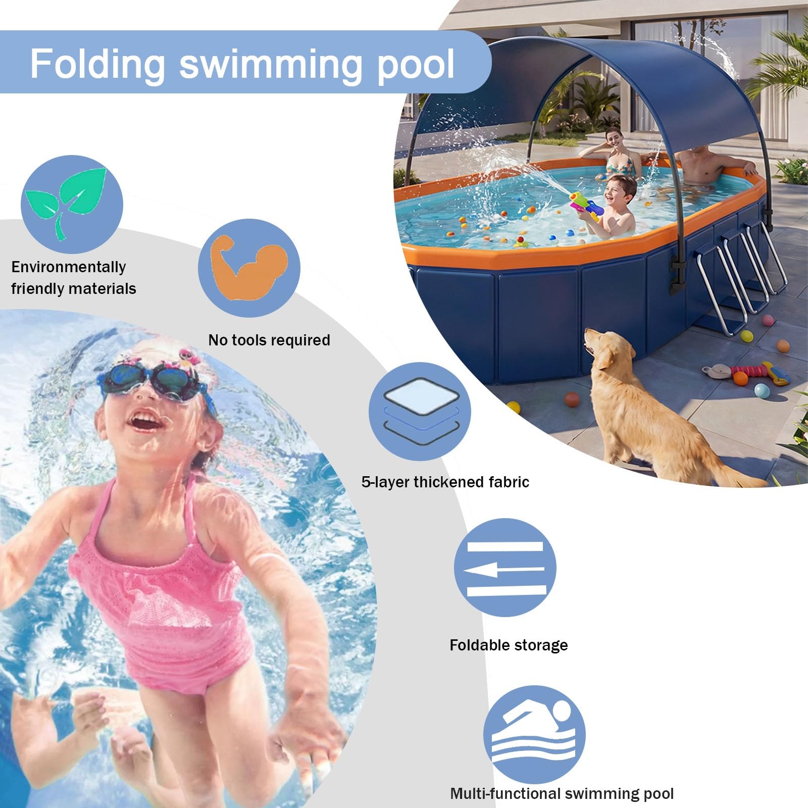 Piscina Pieghevole Piscina Ovale Da 170-348 Cm Pieghevole Per Esterni Fuori Terra Con Vasca Idromassaggio Ideale Per Famiglie E Adulti(348 * 172 * 52cm)