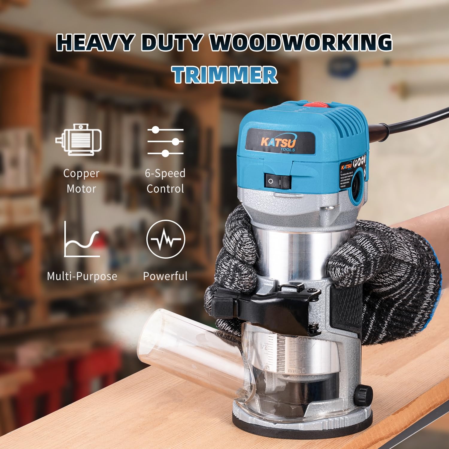 KATSU Tools Electric Hand Trimmer Wood Router Laminator Joiners Tool 710W, Soft Start, Aluminum Body and Trimmer Base - Image 3