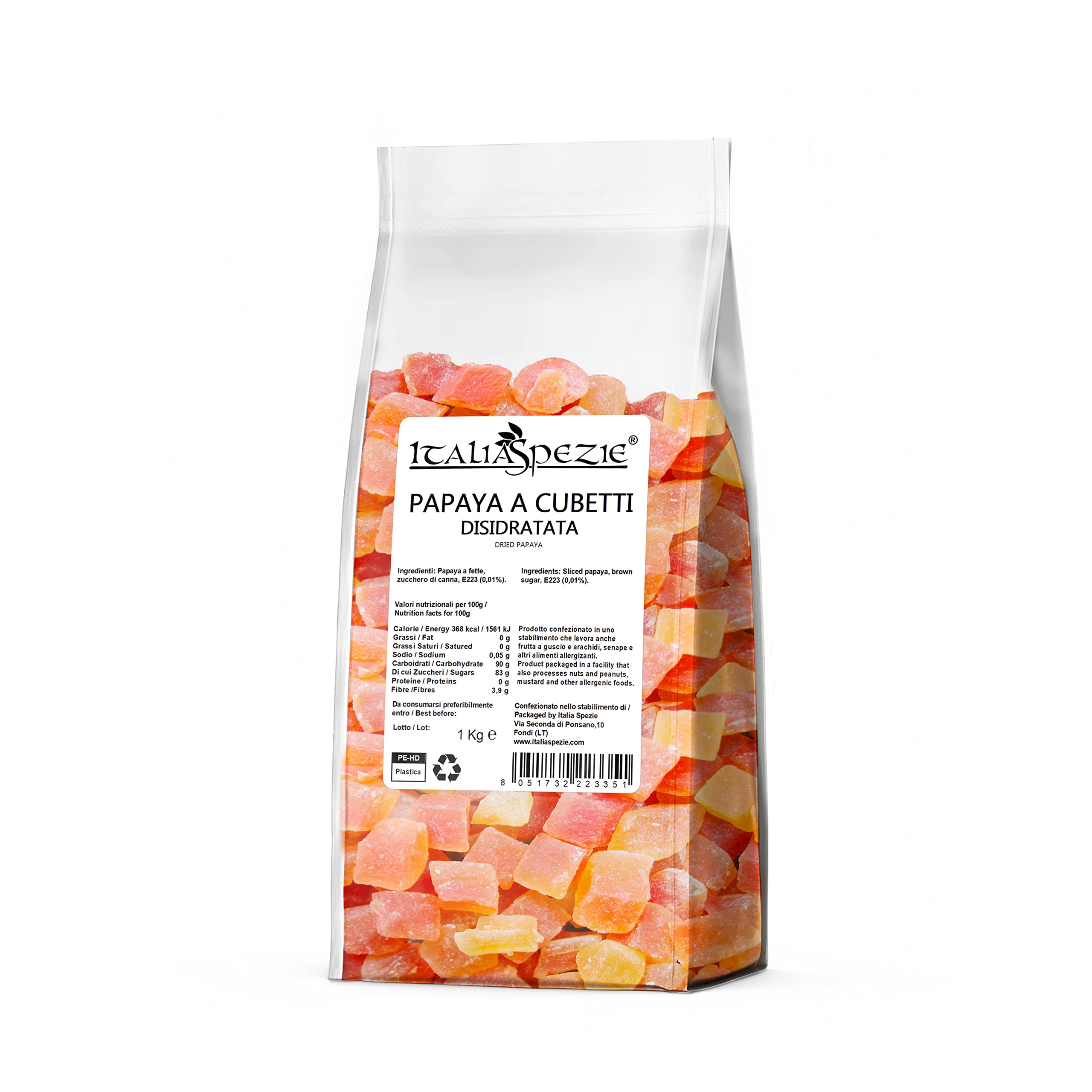ITALIA SPEZIE - Papaya disidratata a cubetti, Papaya Disidratata, Frutta Essiccata, Frutta Esotica Disidratata, Snack Sano
