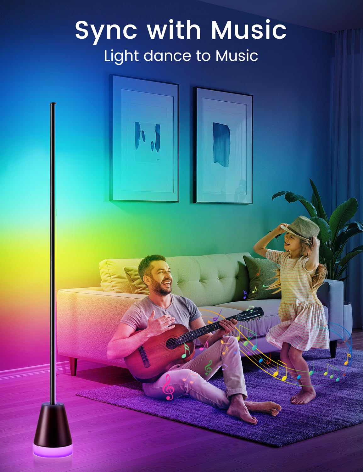 LED Stehlampe für Wohnzimmer, App & Fernbedienung, 68 Szenen 16 Millionen Farben mit Musik-Synchronisation und Timer, Dimmbare Stehlampe mit Farbwechsel und Leuchtendem Sockel