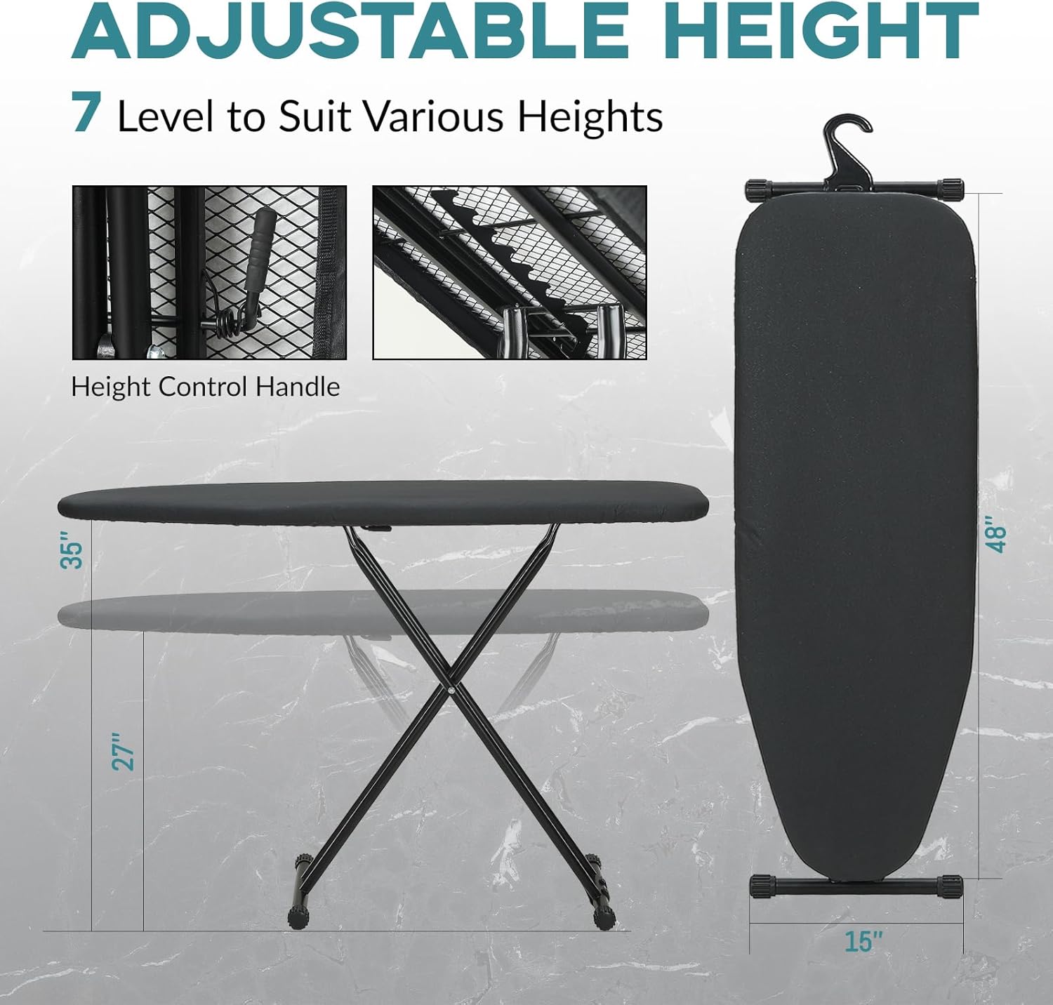 Ironing Board 48x15, Wide Heavy Duty Full Size Ironing Board, Sturdy Iron Table with Smart Hanger, Heat-Resistant Silicone Pad Iron Rest, Black