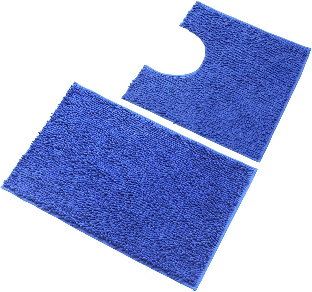 Bathroom Mats Non-slip Microfiber Contour Rugs Combo, Set of 2 Soft Shaggy Non Slip Bath Shower Mat and U-shaped Toilet Floor Rug (Blue)