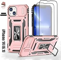 Vista 9 de Funda resistente para Apple iPhone 14, protección híbrida de goma de doble capa de grado militar con protector de cámara deslizante, soporte Negro