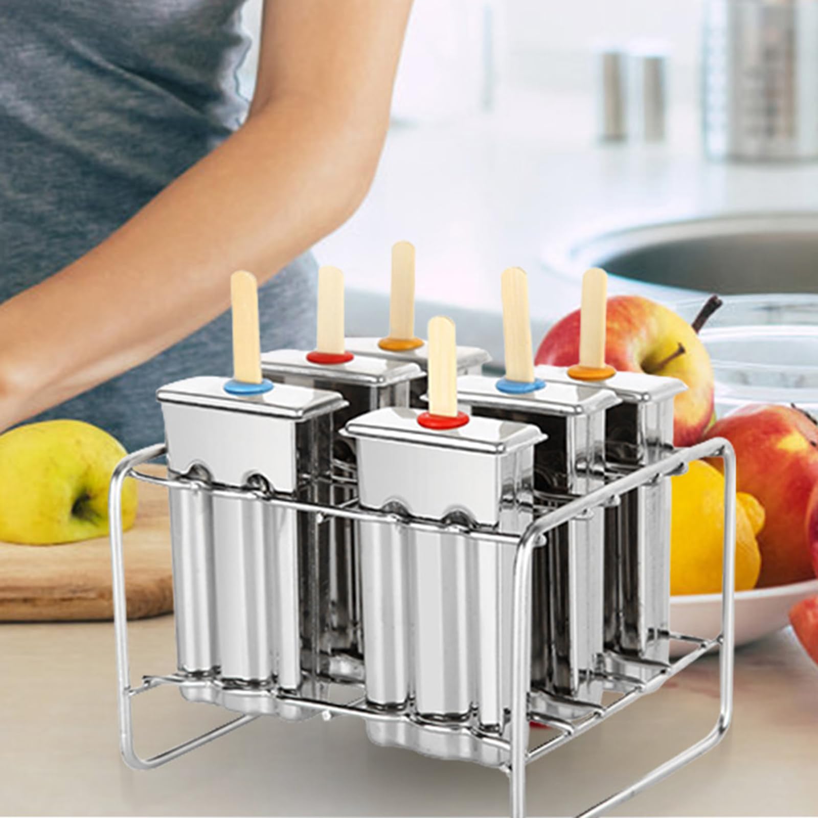 Moldes de acero inoxidable para helados – 6 moldes para hacer helados con | base de soporte, bandeja de metal duradera para paletas de hielo | Moldes de acero inoxidable reutilizables para
