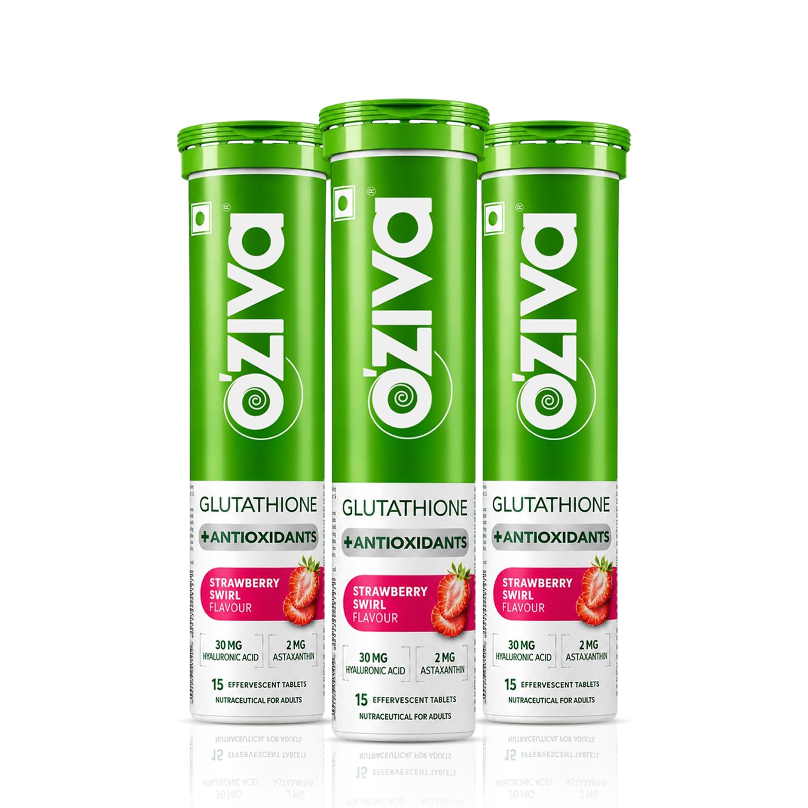 OZiva Bioactive Glutathione Tablets for Radiant Skin - 45 Effervescent Tablets (Pack of 3) | L-Glutathione, Hyaluronic Acid, Lycopene, Vitamin C for Skin Glow & Anti-Pigmentation | Strawberry Swirl