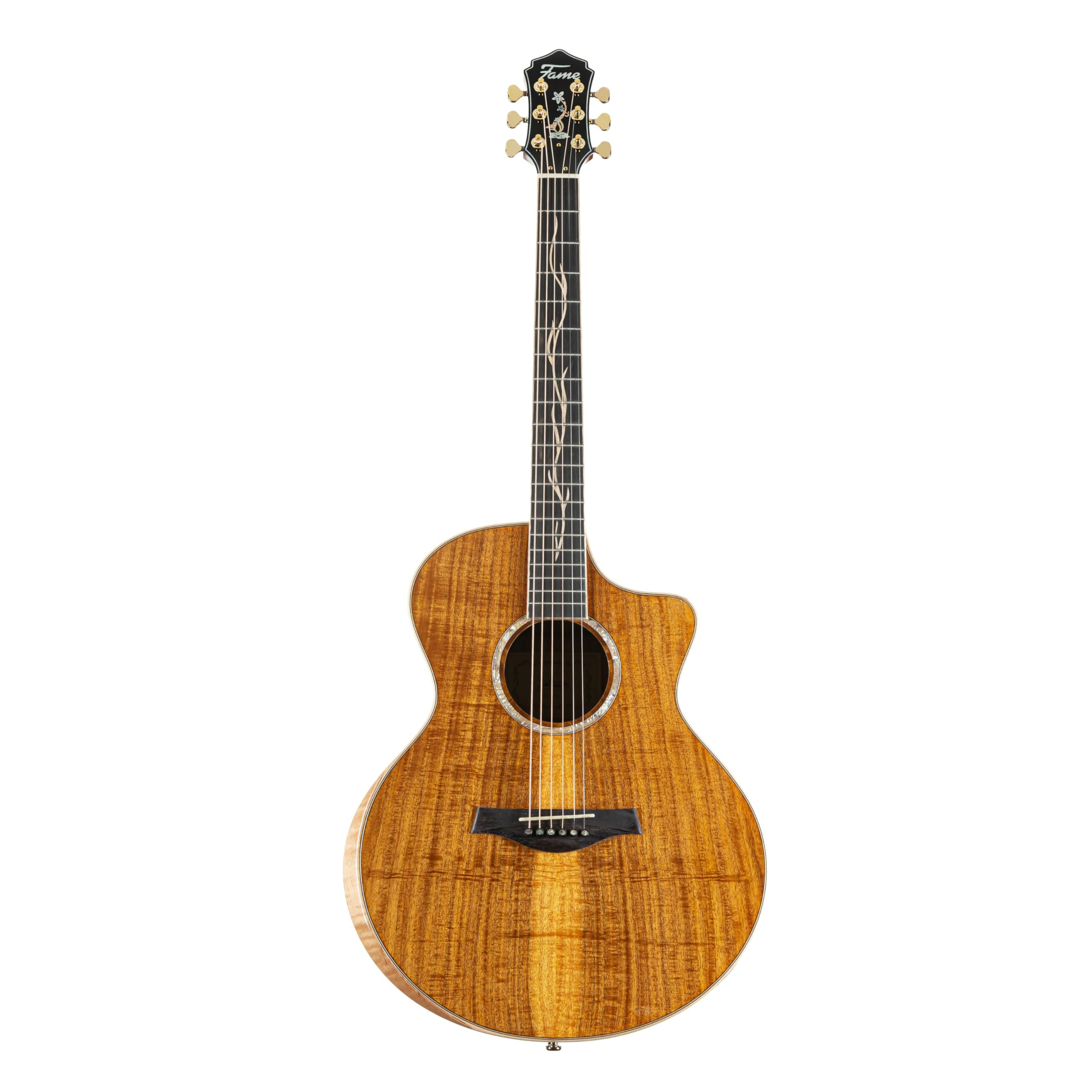 Fame Koa Deluxe Westerngitarre, Akustik-Gitarre mit Tonabnehmer, elektroakustische Gitarre, Grand Auditorium mit Cutaway und Natural Koa Decke