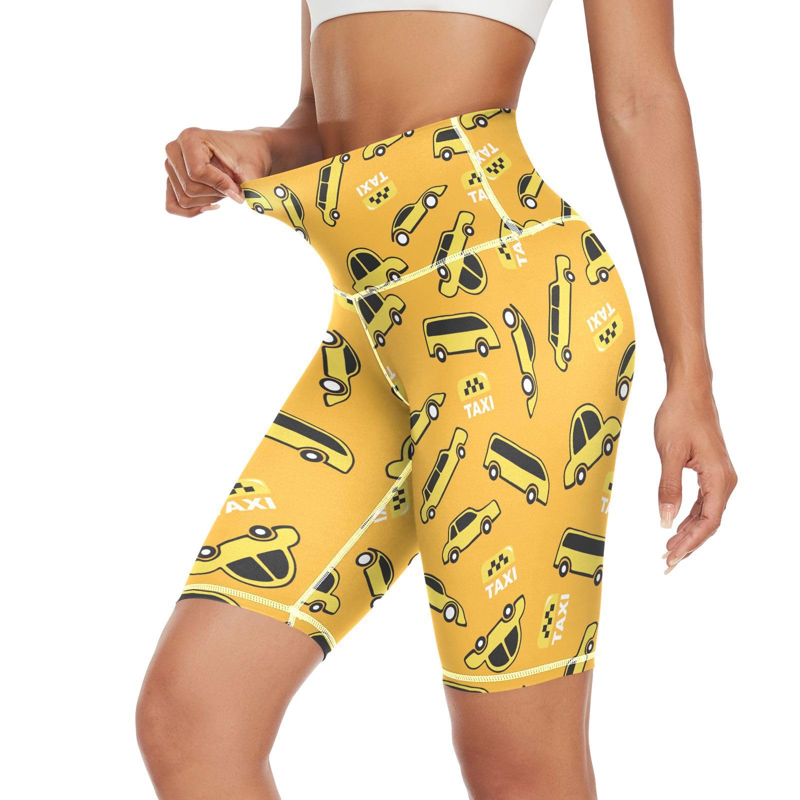 Aflyko Women Compression Pants Yellow Cab Taxi Stretchy Yoga Leggings Athletic Bikers Bottoms Wide Waistband Cycling Running Shorts, M