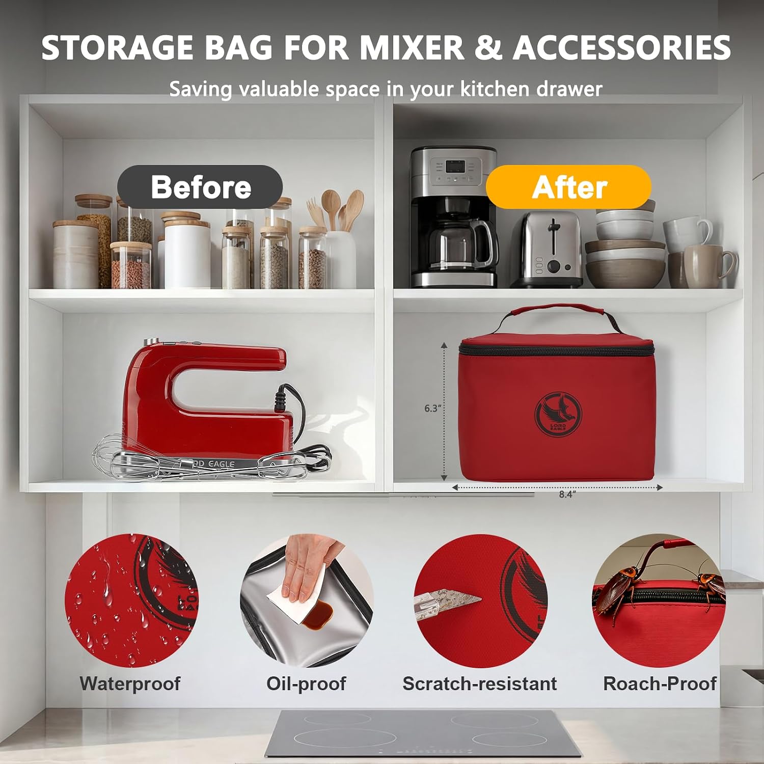 Lord Eagle 9-Speed Digital Hand Mixer Electric Handheld, 500W DC Motor Kitchen Mixer for Cake Baking, Lightweight Egg Beaters with Stain-resistant & Waterproof Storage Bag & 6 Accessories, Red thumbnail