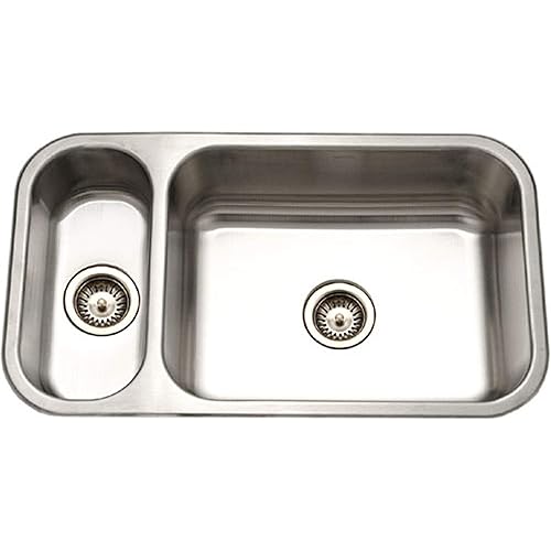 Houzer Elite Stainless Steel Kitchen Sink: 31 Inch Undermount 80/20 Small Left Double Bowl Sink with Strainer, Durable & Versatile, Essential for Home & Apartment: HD-3118-1
