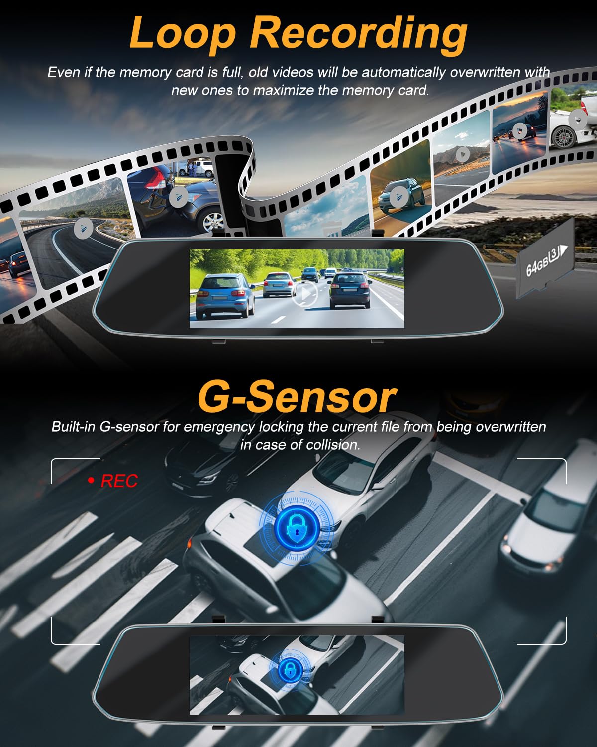 NHOPEEW Dash Cam a specchio da 7 pollici con doppia telecamera anteriore e posteriore - Sensore di gravità/registrazione in loop/rilevamento del movimento/monitor di parcheggio + scheda SD da 64G