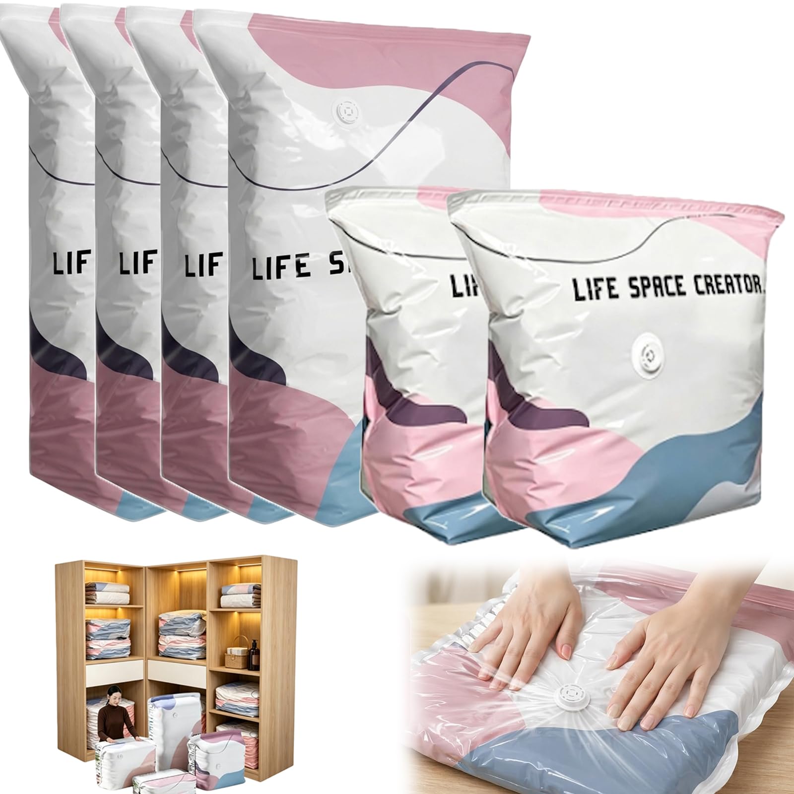 Extra Large No Pump 3D Vacuum Storage Bags, 3-Sec Fast Compression, Press & Seal Roll-Up Vacuum Bag, Thickened Reusable Life Space Creator for Duvets, Clothes, Bedding & Travel (2M+4L)