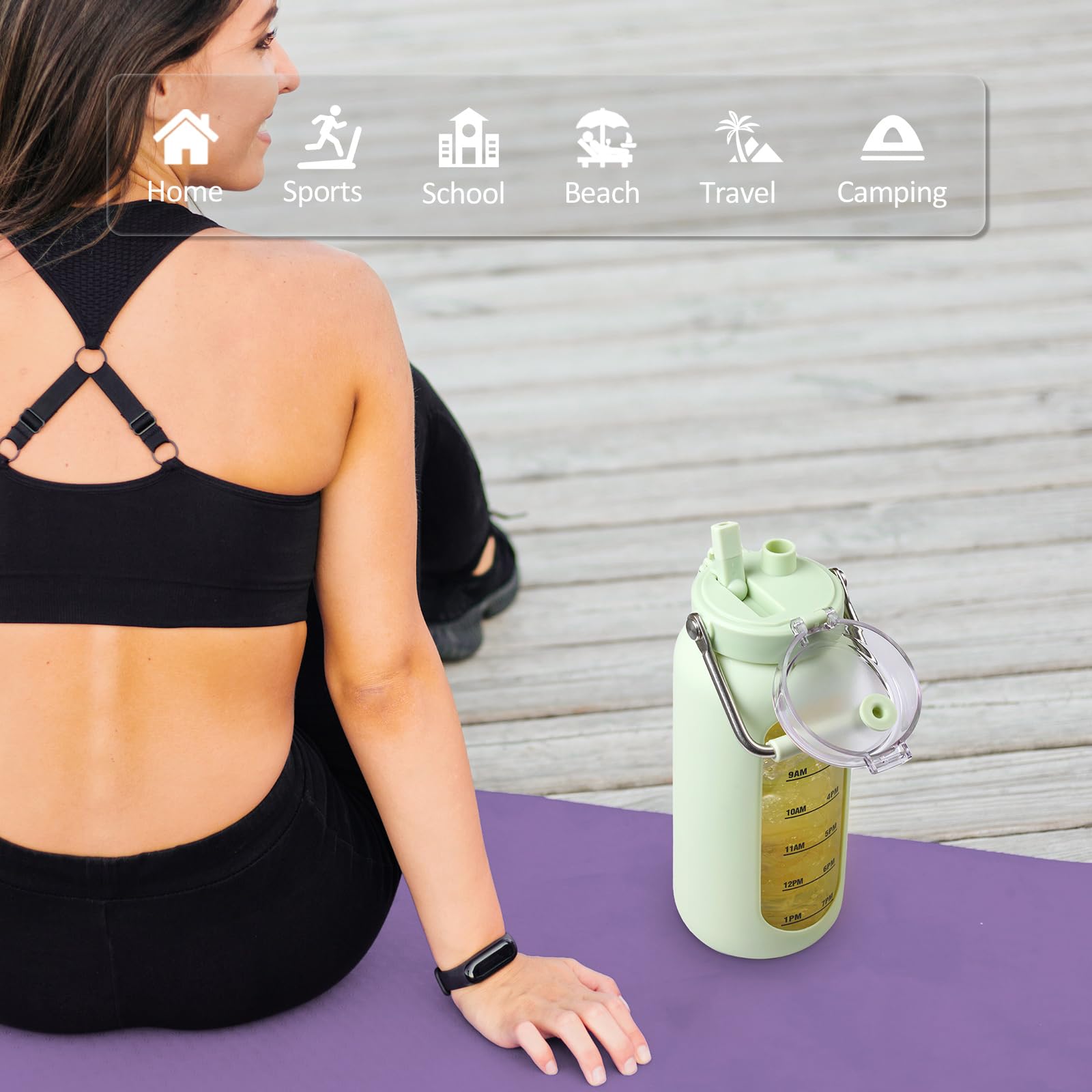 BLUEGO 2L Bottiglia d'acqua in vetro con manico in acciaio inox, manicotto in silicone e cannuccia per palestra, ufficio e sport all'aperto, senza BPA, Verde chiaro