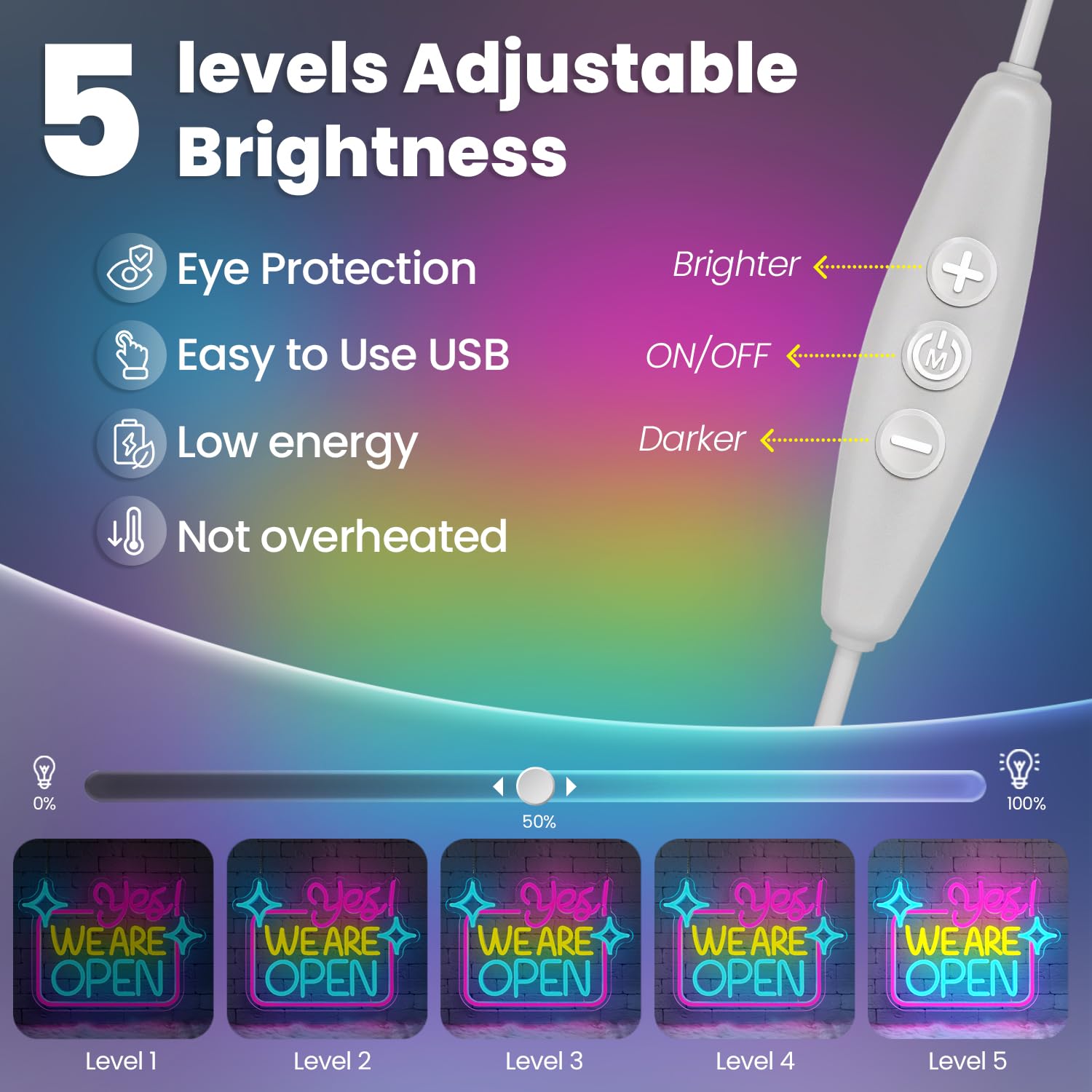 Lxmoneon Yes We Are Open Neon Light Sign,Colorful LED Shop Open Signs for Business,USB Dimmable Open Neon Wall Sign,Open Sign for Cafe Bar Dessert Shop Salon Hotel Restaurant Window Display - Image 4
