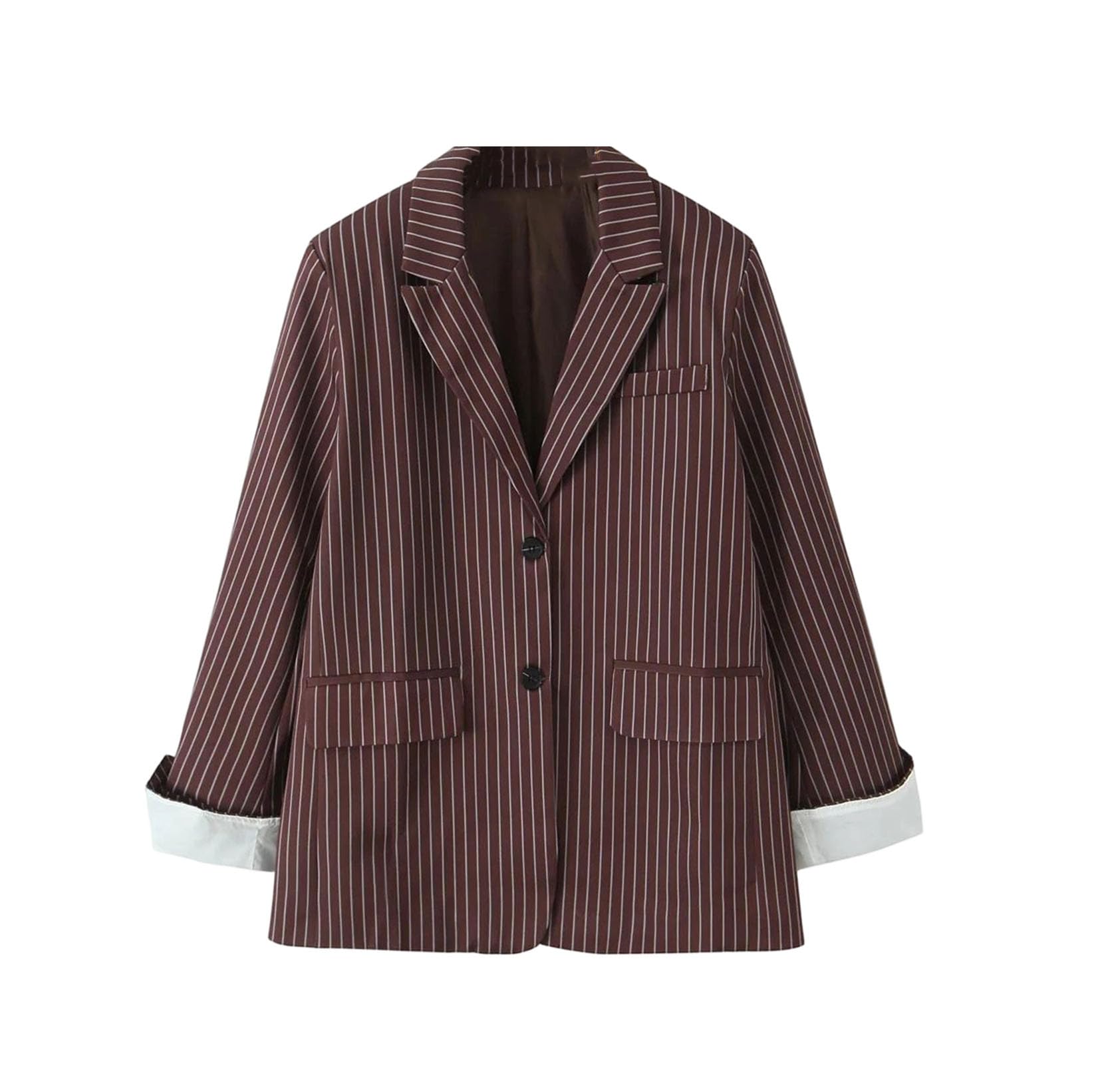 Womens Casual Striped Suit Jacket Turn-Down Collar Single Breasted Loose Fit Long Sleeve Coat