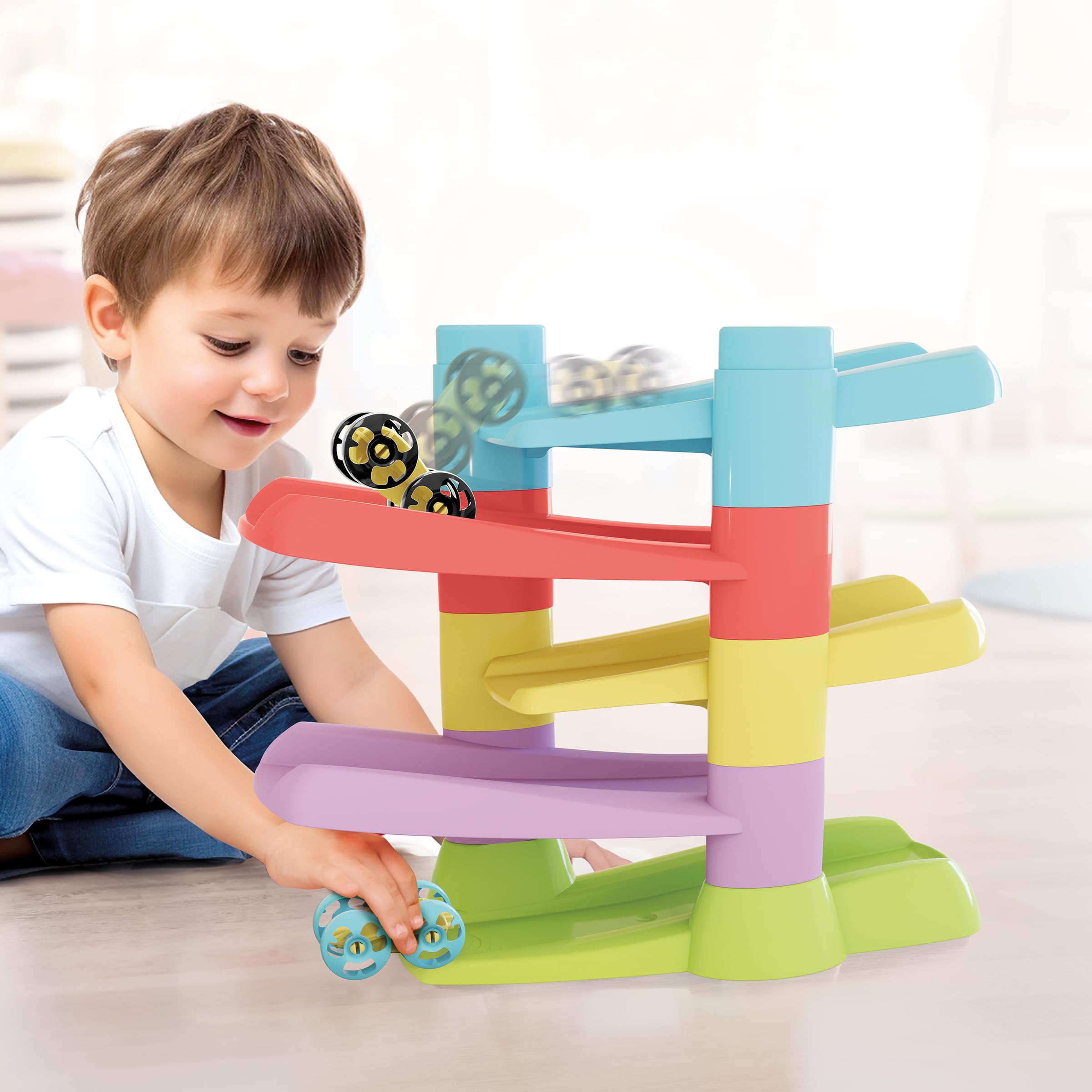 QUERCETTI 86496 Flip Car Race Track Eco, Pista Biglie Per Bambini, Gioco Educativo Eco-Friendly 18mesi+ con 5 Rampette e 2 Flip-Car per Sviluppare Coordinazione e Motricità Fine, Made in Italy