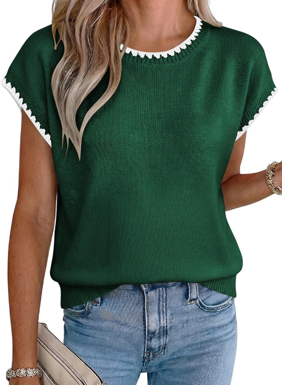 Acelitt Women's Contrast Ruffle Trim Knit Top Crew Neck Cap Sleeve Lightweight Sweater Vest Casual Loose Fit Pullover Blouse