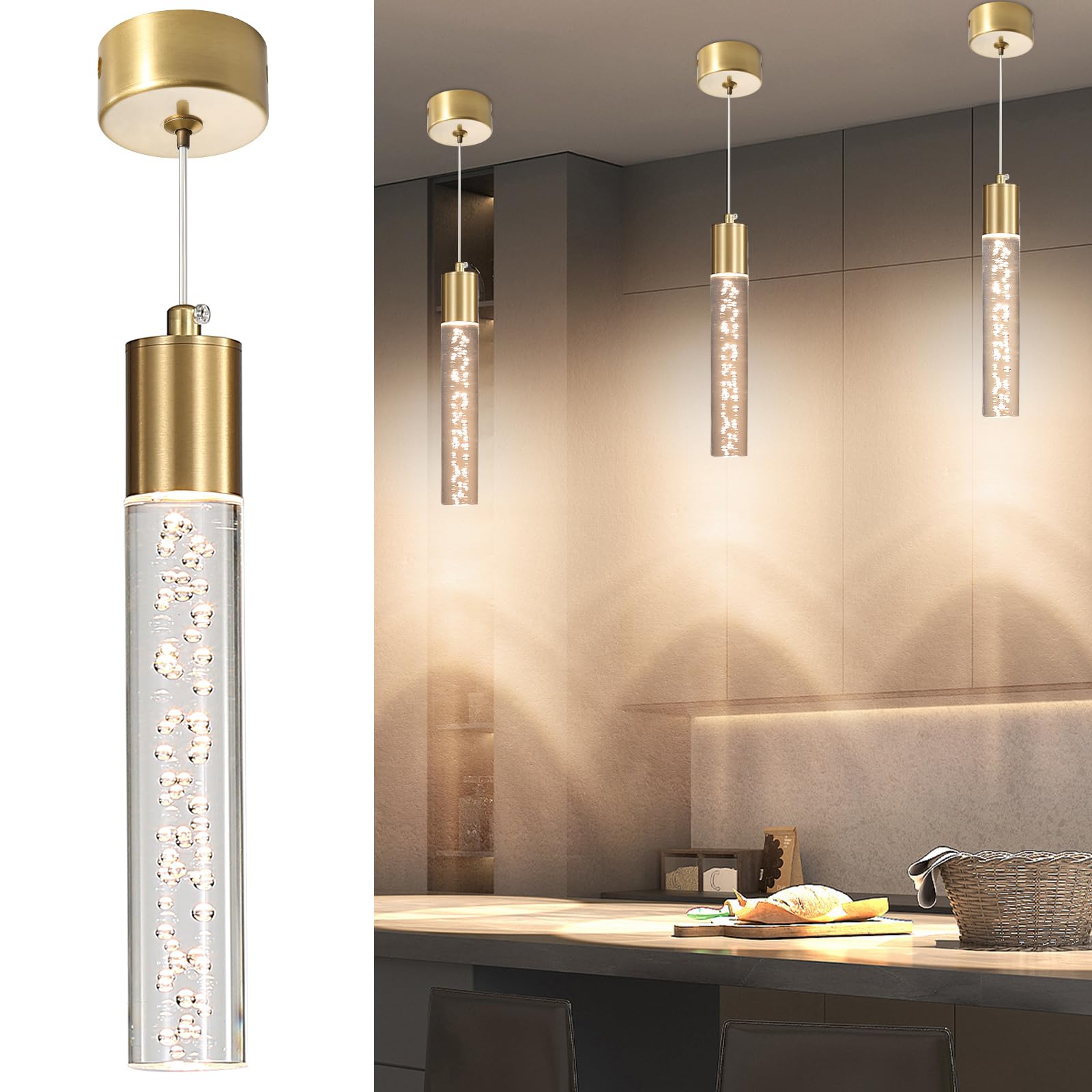 Mikeru 3 Pack Cylinder Pendant, 3 Colour Temperature 3000k/4500k/6500k Gold Kitchen Island Pendant, Height Adjustable 1.4M