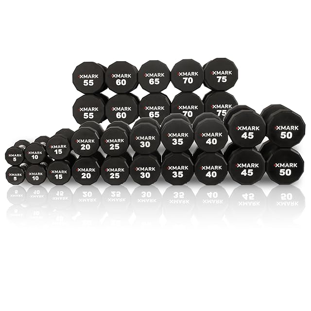 XMARK Commerical 12-Sided Urethane Dumbbells 15 Pair 5lb to 75lb Pro-Grade Dumbbell Weight Set Tough Durable Odor-Resistant CPU