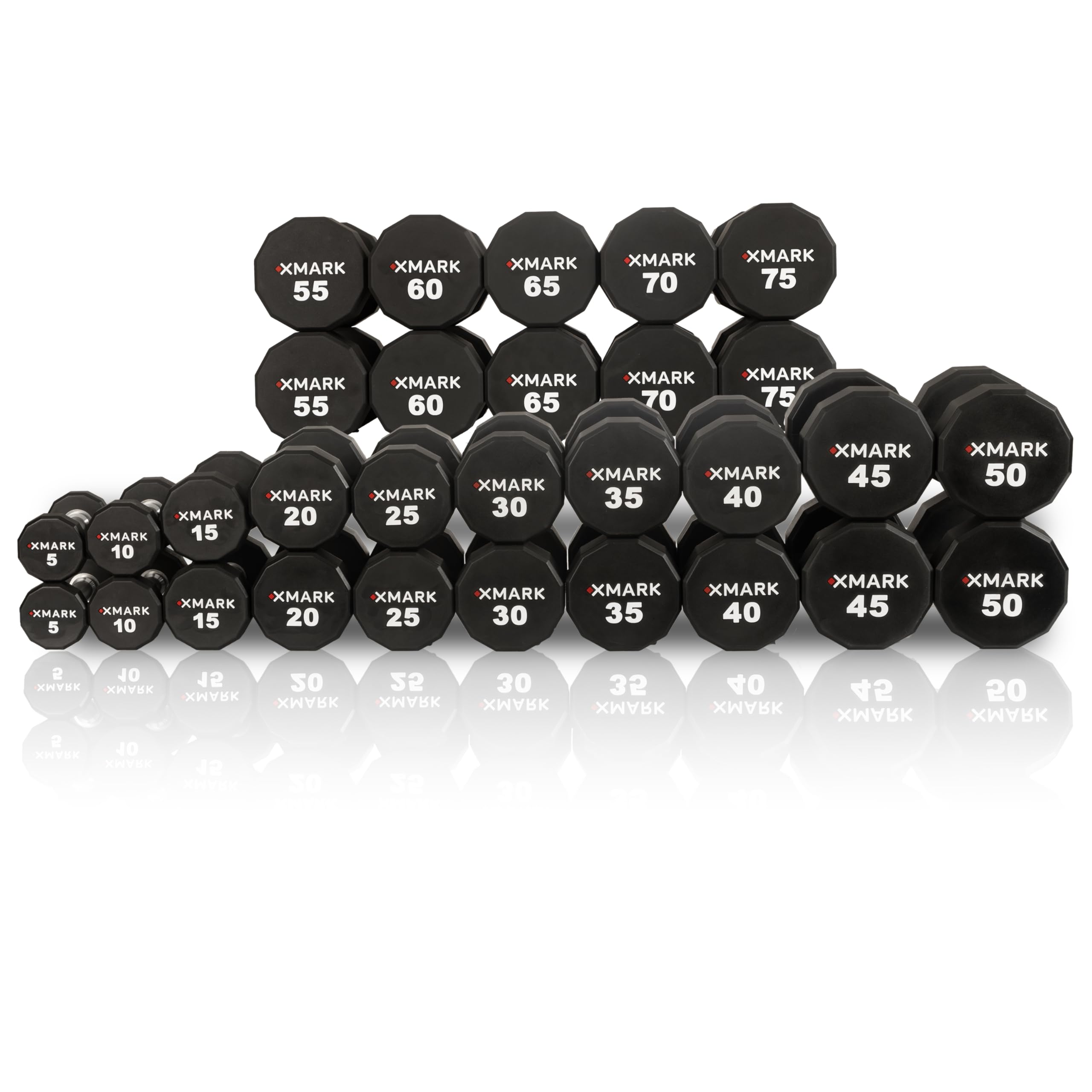 XMARK Commerical 12-Sided Urethane Dumbbells 15 Pair 5lb to 75lb Pro-Grade Dumbbell Weight Set Tough Durable Odor-Resistant CPU