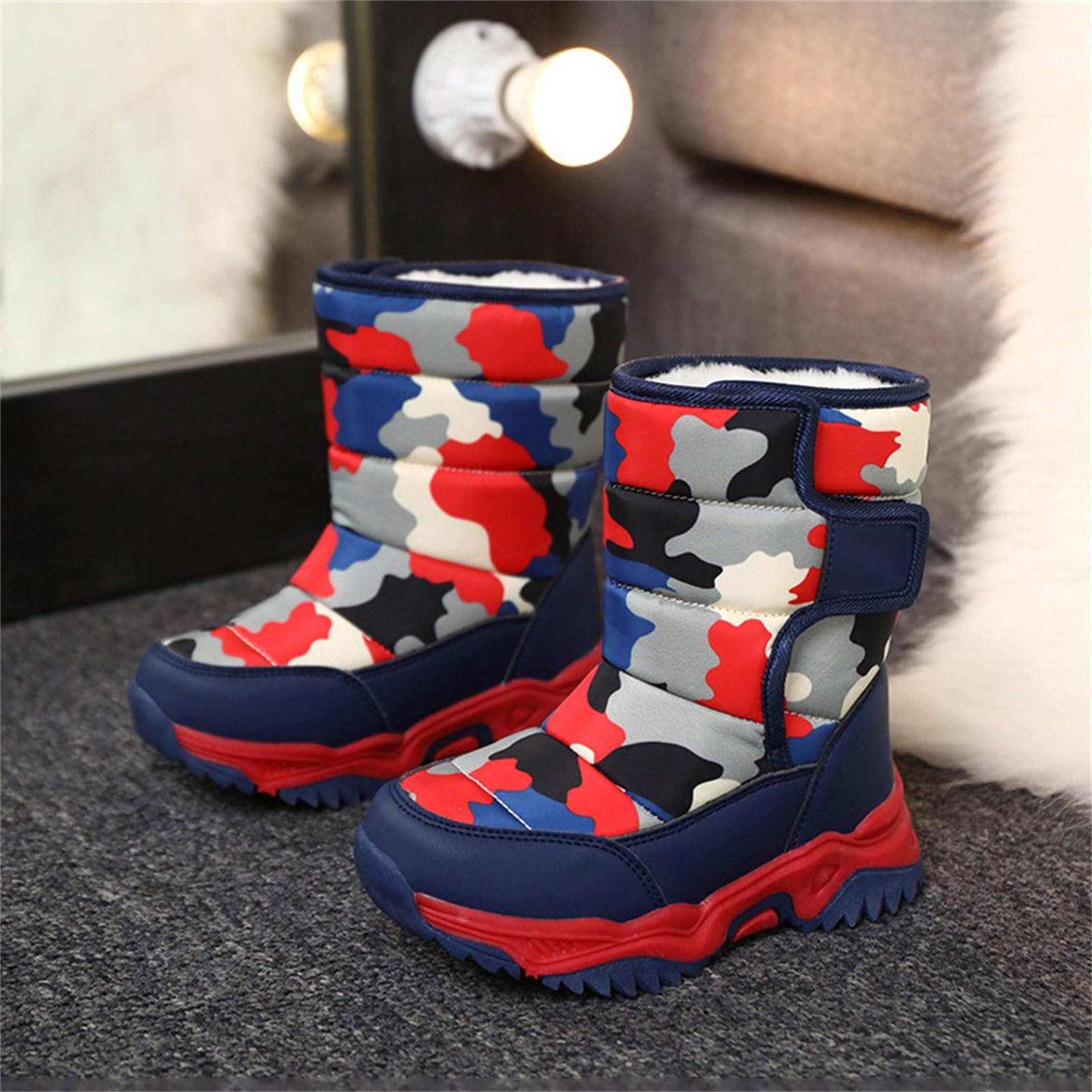AIchenYW Stivali invernali per bambini, impermeabili, caldi, in cotone con motivo mimetico e caldo inverno ispessito, per 4-14 stivali per bambini, invernali, con calda imbottitura, Colore: rosso, 35