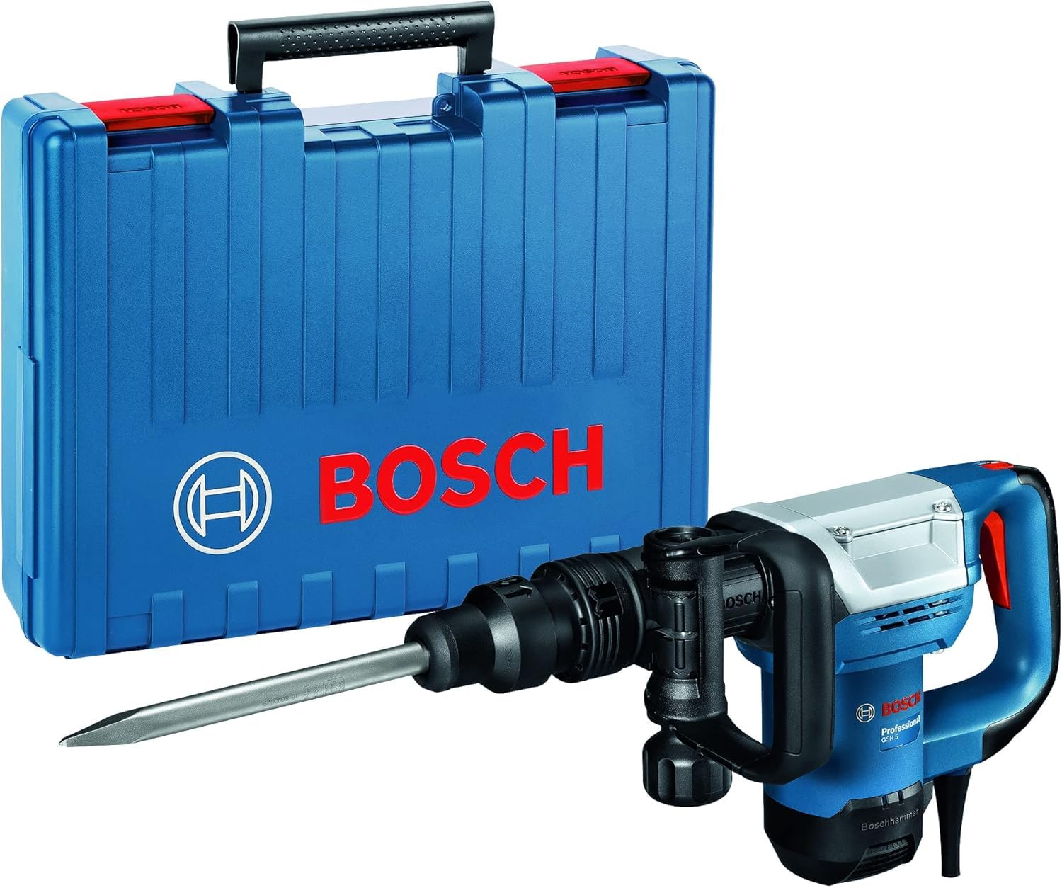 Bosch Professional: młot udarowy GSH 5 (SDS max, energia udaru 7.5 J, 1 100 W, szpicak i walizka narzędziowa) & Bosch Accessories 2607017368 Dłuto, Srebrny, 45 x 40 x 25 cm; 100 g, 4 Elementy