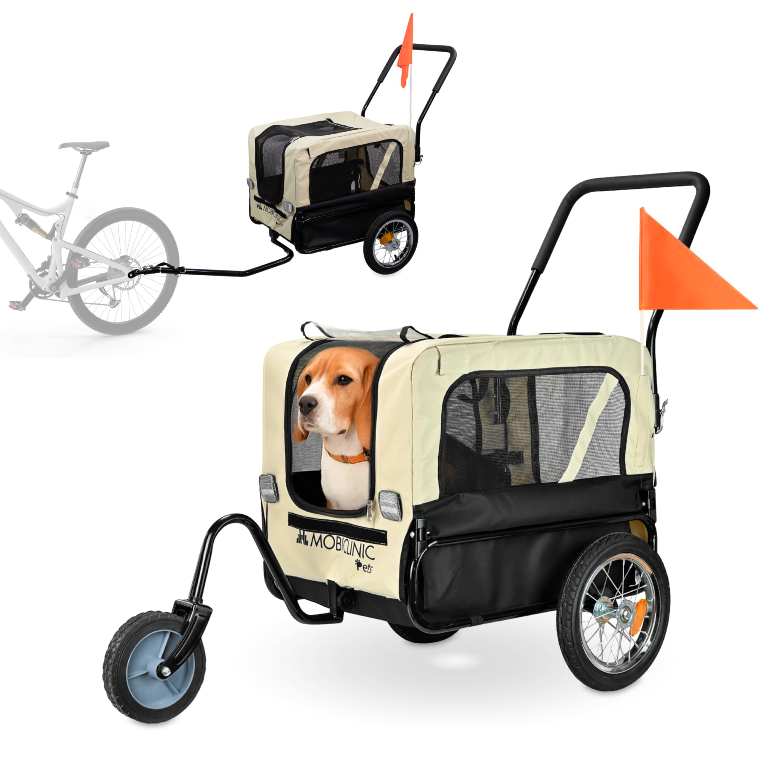 Mobiclinic®, Remolque de Bicicleta para Perros + Carro de Transporte, 2 en 1, hasta 40 Kg, Cubierta Impermeable, 123x67x100 cm, Reflectores y Bandera, 600D Oxford, para Perros Pequeños y Medianos