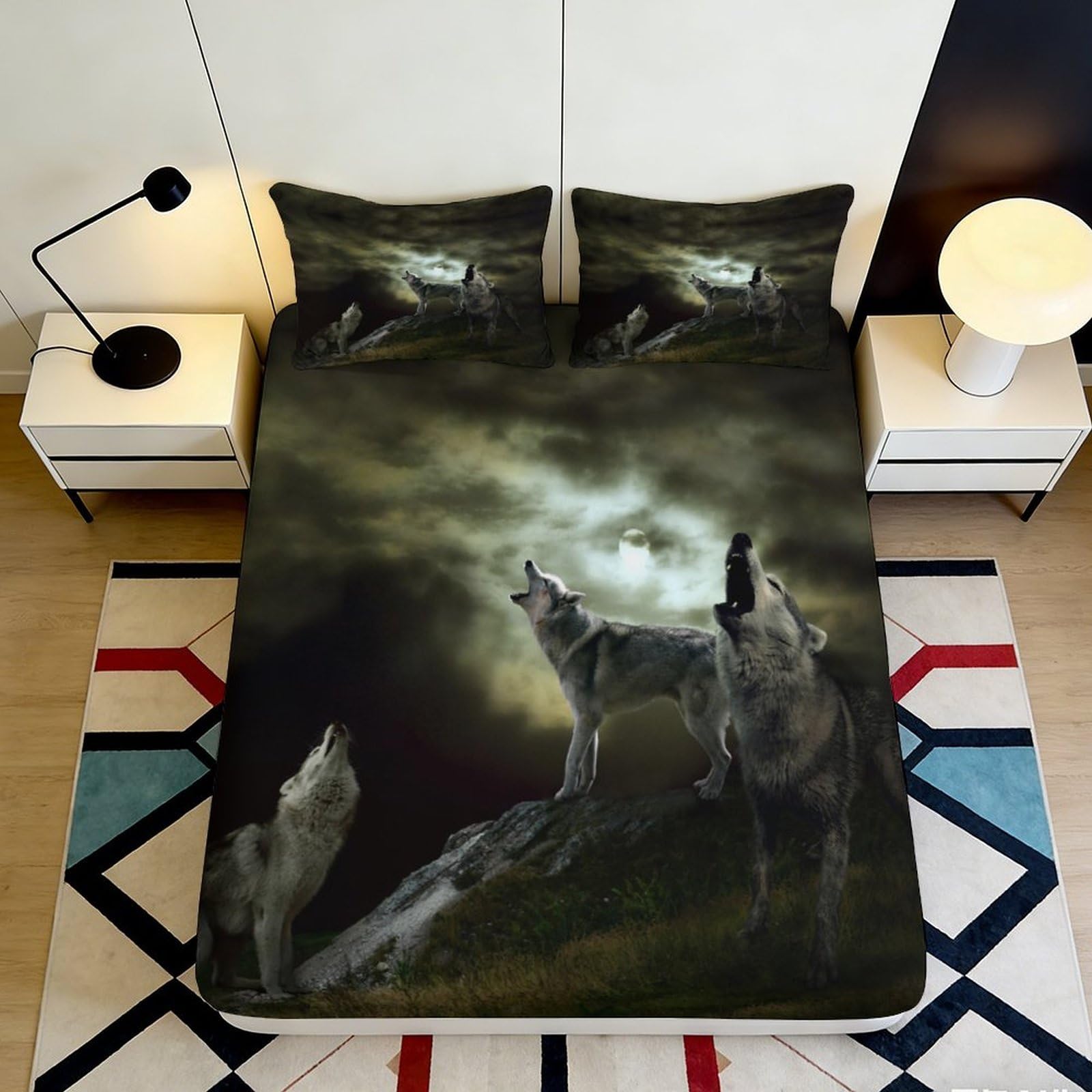 Pnayamiorkfel Style-7 3D Printed Howling Wolf Fitted Sheet Microfiber Soft Breathable Moonlit Night Mattress Cover For Bedroom Decor 90X200x25cm