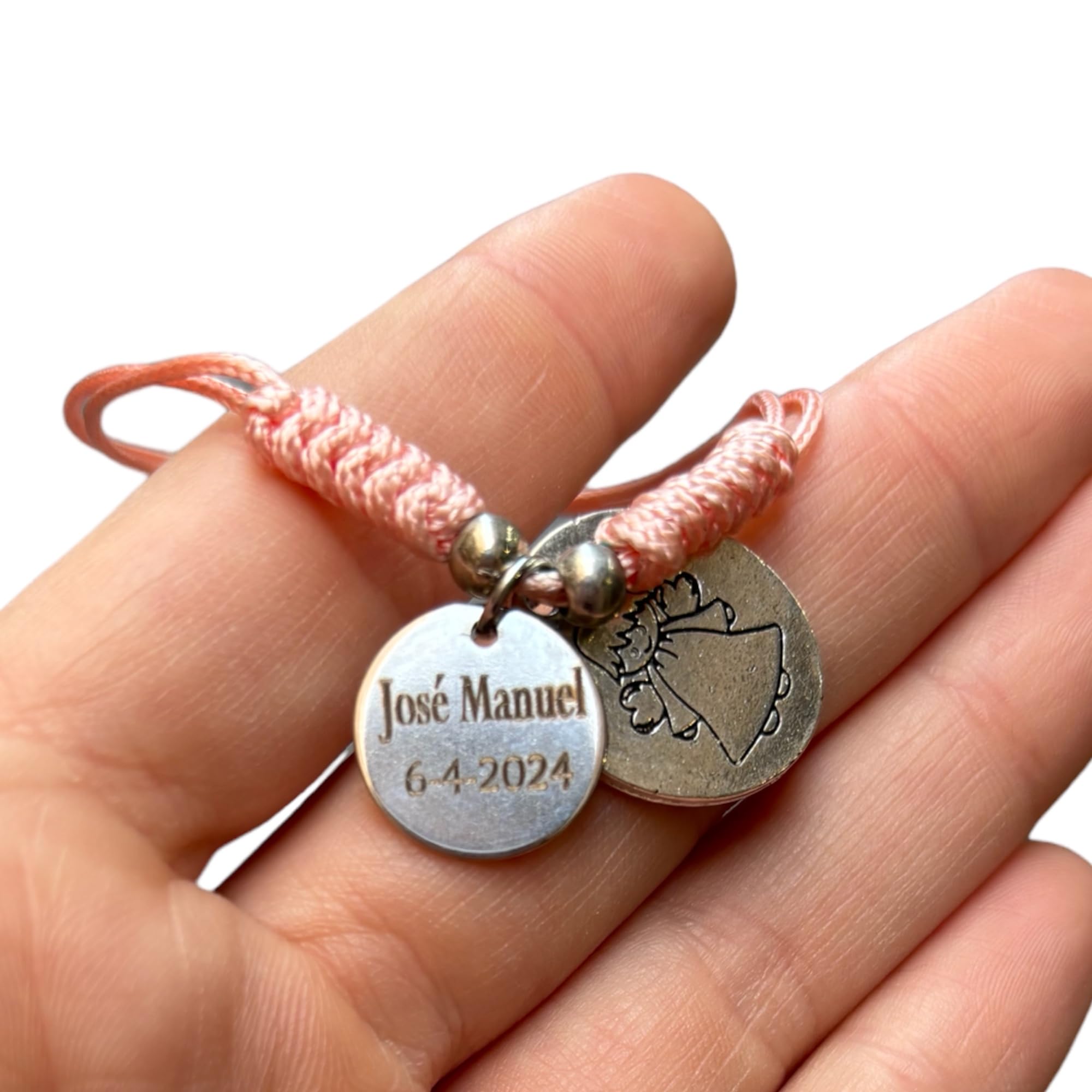 Pack 10 Pulseras Comunión BlancaPersonalizada con Chapa Grabada con Nombre Fecha - Lote 10 pulseras comunión con angelito de hilo rosa - Charm grabado - Detalle Comuniones Bautizos