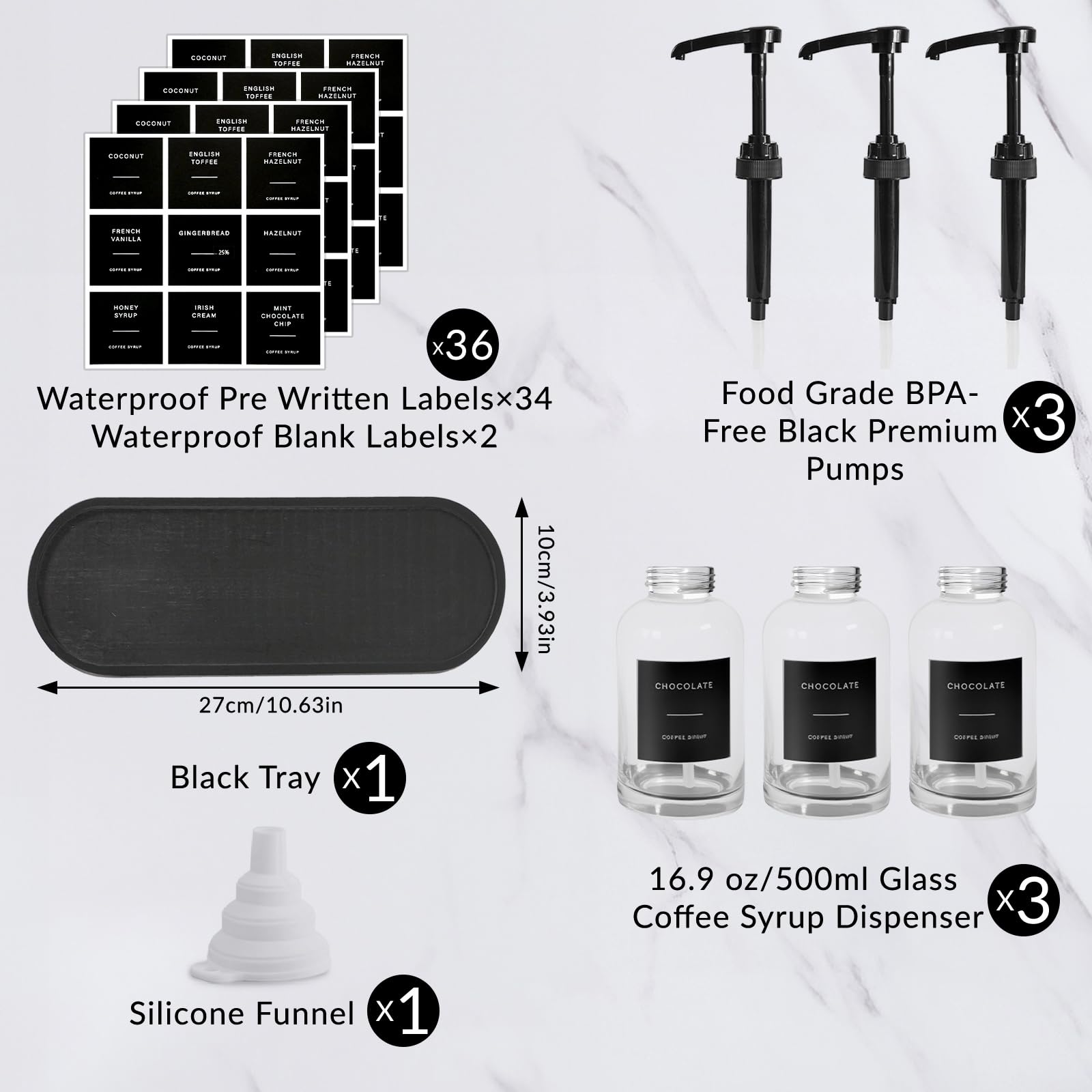 Sunal Kaffeesirupspender mit Tablett, Set mit 3 Glas-Sirupspendern mit 0,6 l großer Pumpe, wasserdichten Etiketten und Trichter, 500 ml Sirup-Pumpflasche für Kaffeebar und Küche (schwarz)