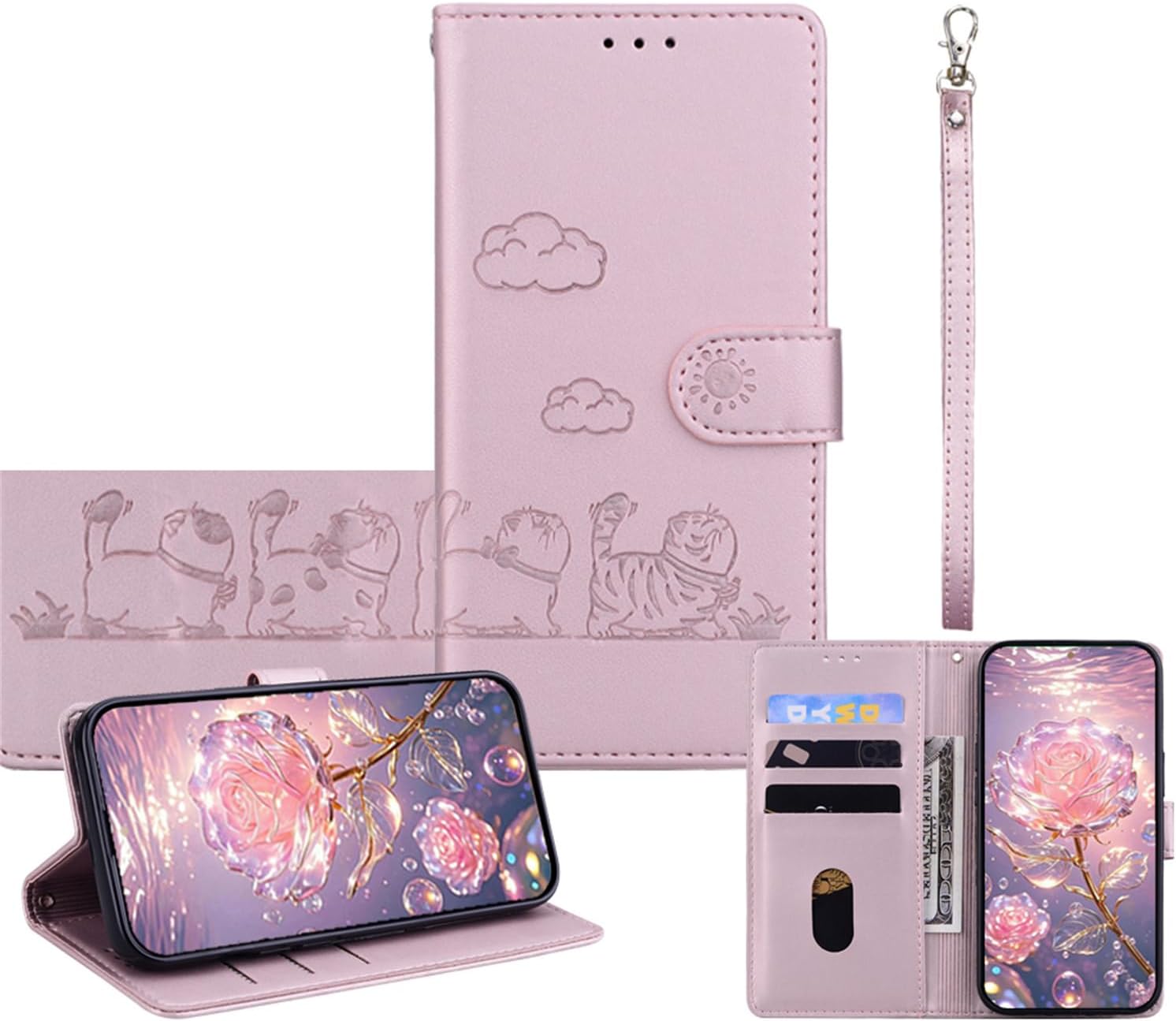 JZ for Google Pixel 9a Wallet Case, PU Leather Phone Cover with RFID Blocking, Anti-Drop Shockproof Case with Flip Stand, Embossed Cat Design - Pink