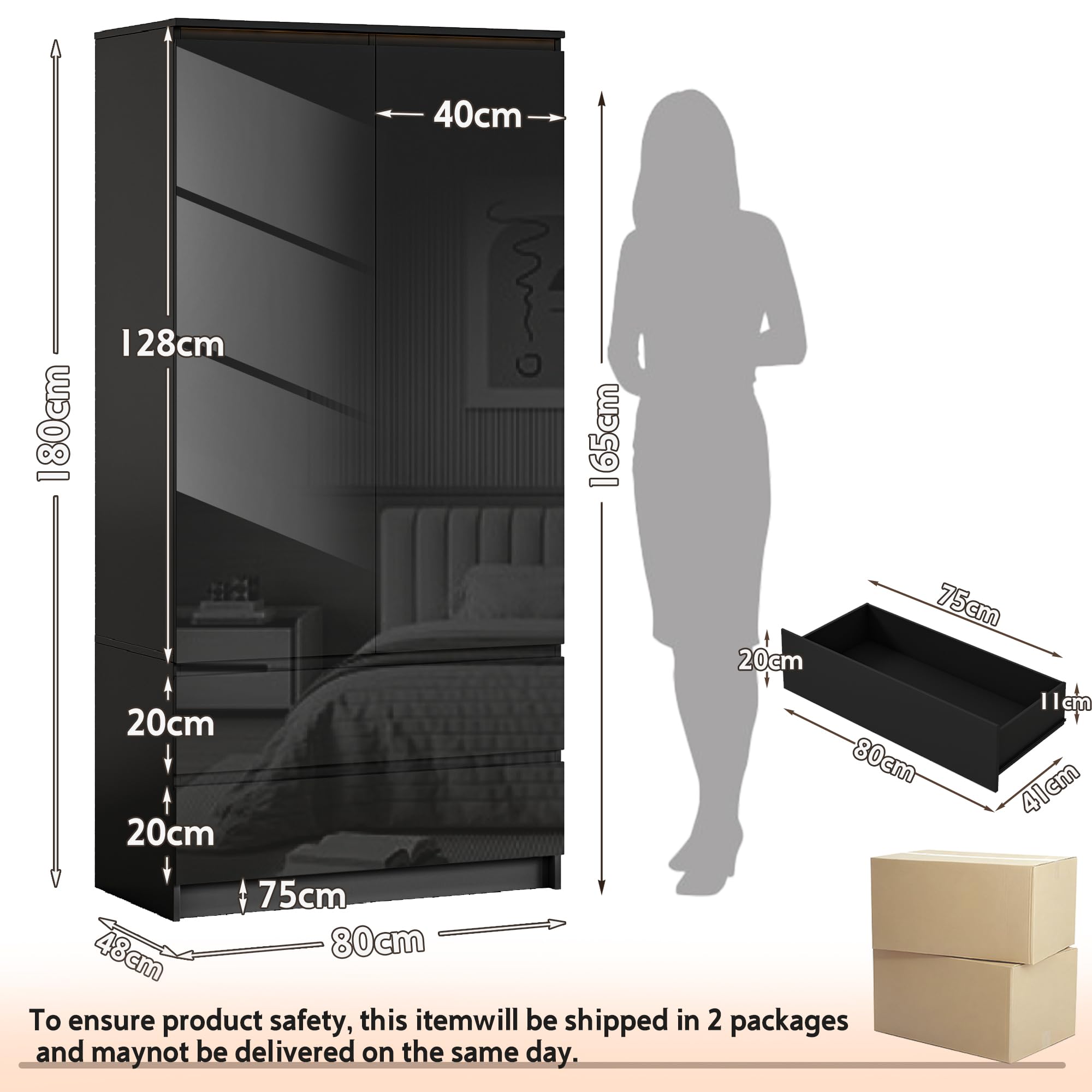 Armario Ropero 2 Puerta, Armario Multiusos Avec luz led con Sensor de Movimiento, Avec 2 Tiroirs, Organizador de Ropa y Almacenaje para el Dormitorio (Negro)