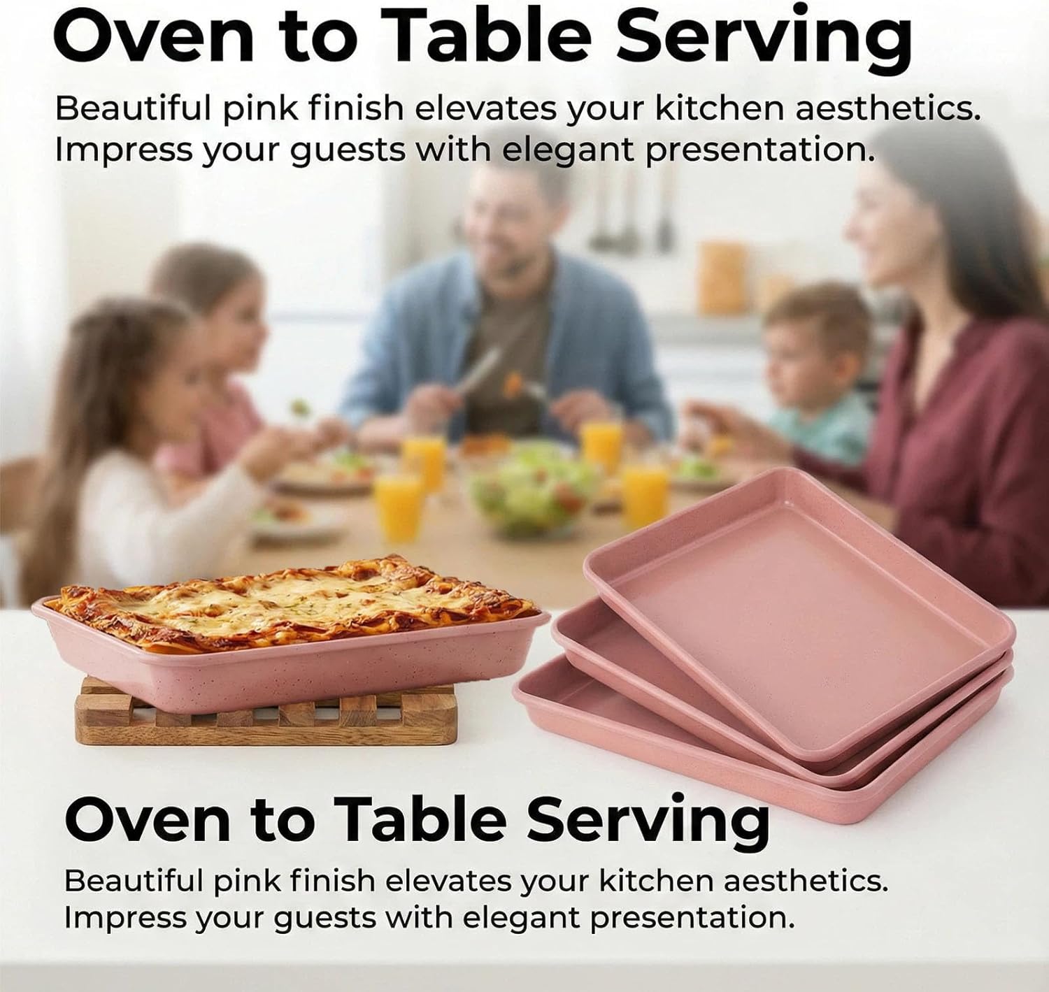 11x9 Baking Pan Set of 3, Rectangular Non-Stick Baking Pans, Pink Cake & Brownie Pans for Home Oven, Casserole, Family Baking