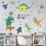 Yovkky Boys Space Dinosaurs Astronauts Wall Decal, Peel Stick Funny Dino Animal Planet Sticker Nursery Rocket Spaceship Decor, Home Baby Room Decorations Kids Bedroom Playroom Art Party Supply Gifts