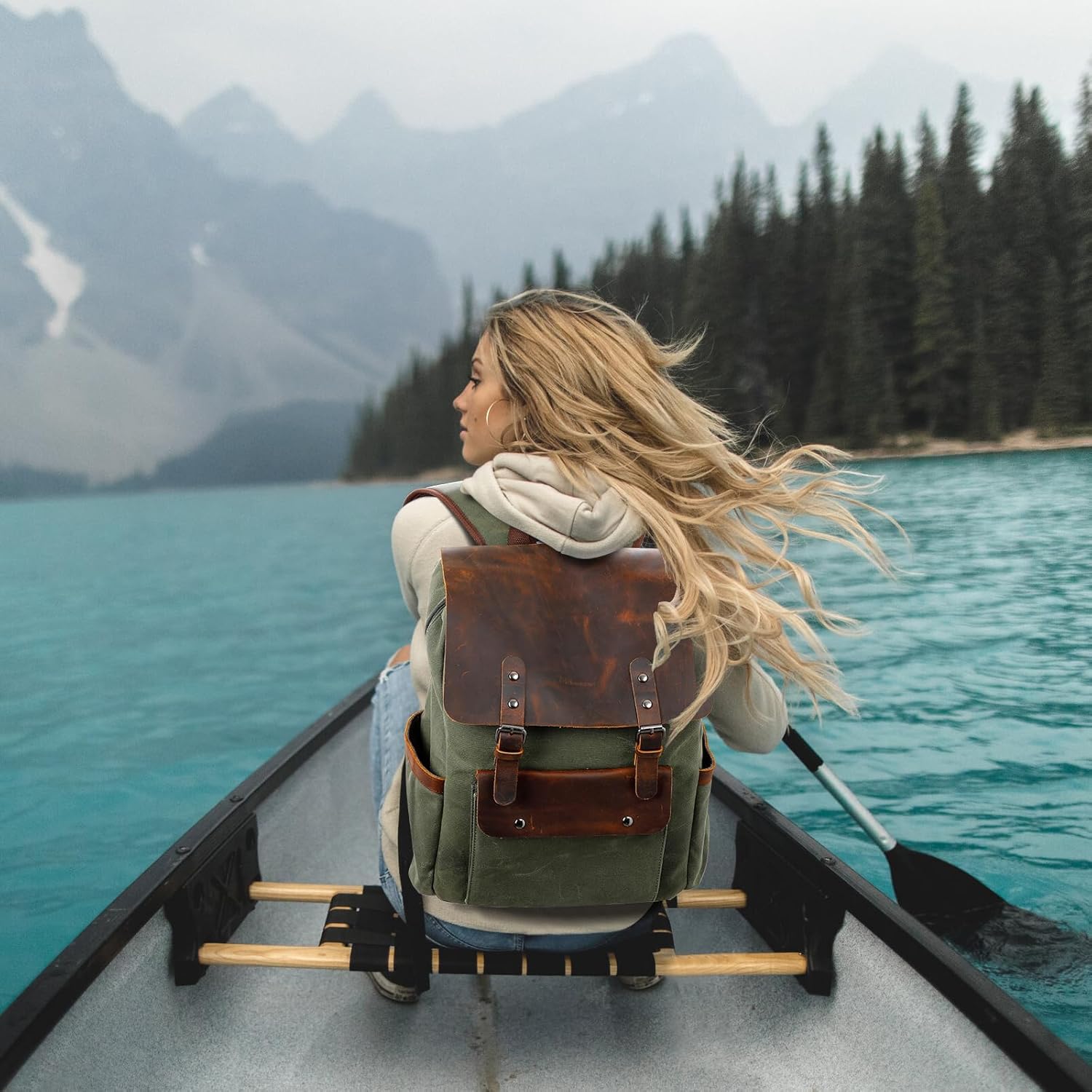 Modoker Waxed Canvas Backpack, Leather Rucksack Knapsack for Men Woman Vintage Travel Laptop Backpack 15.6 Inch Satchel Backpack, Retro Flap Backpacks Canvas Casual Daypack, Green - Image 2