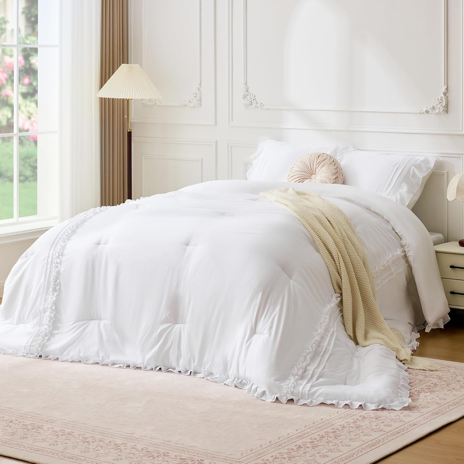 BDEUS White Ruffle Comforter Set Full Size, 3 Pieces Lightweight Fluffy All Season Bedding, Farmhouse Shabby Chic Boho Bed Sets with Cute Pom Pom Design，1 Comforter & 2 Pillowcases, 82"X86"