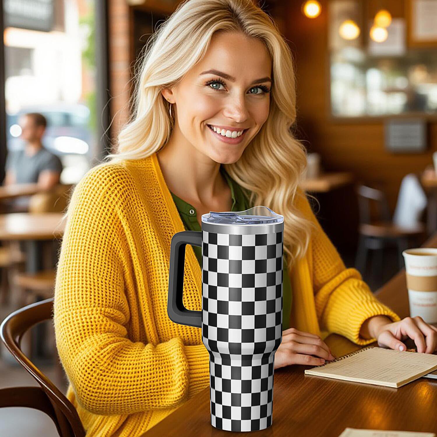 40oz Checkerboard Tumbler With Handle And Straw,Stainless Steel Cup Spill-Proof,Travel Coffee Mug Water Bottle(Black and White Check)