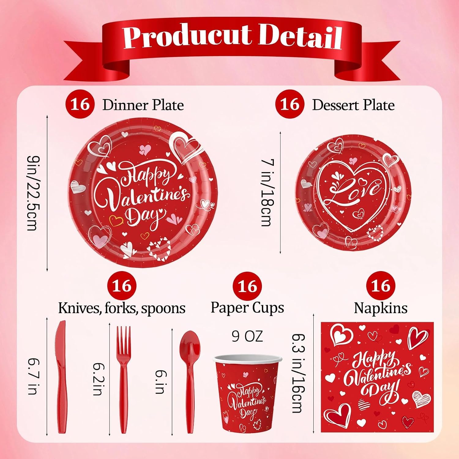 112 PCS Valentines Day Tableware Set Galentine Disposable with Plates, Cups, Napkin, Knives, Forks, Spoons - Valentine’s Day Party Supplies for Wedding,Anniversary, Birthday, Gathering,Serves 16